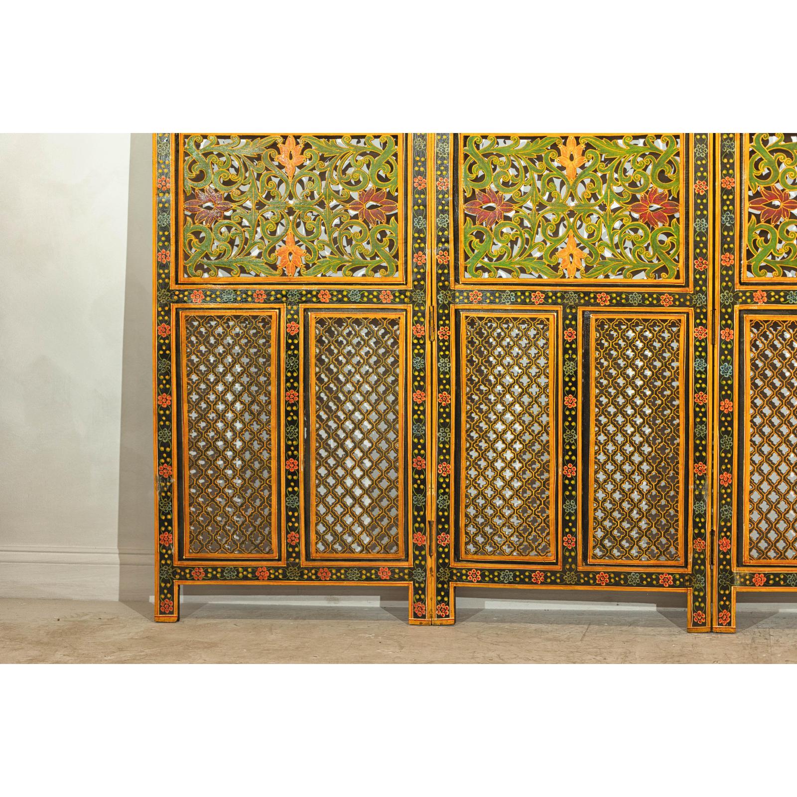 Mid-Century Fretwork Screen with Hand-Painted Details and Bold Colors