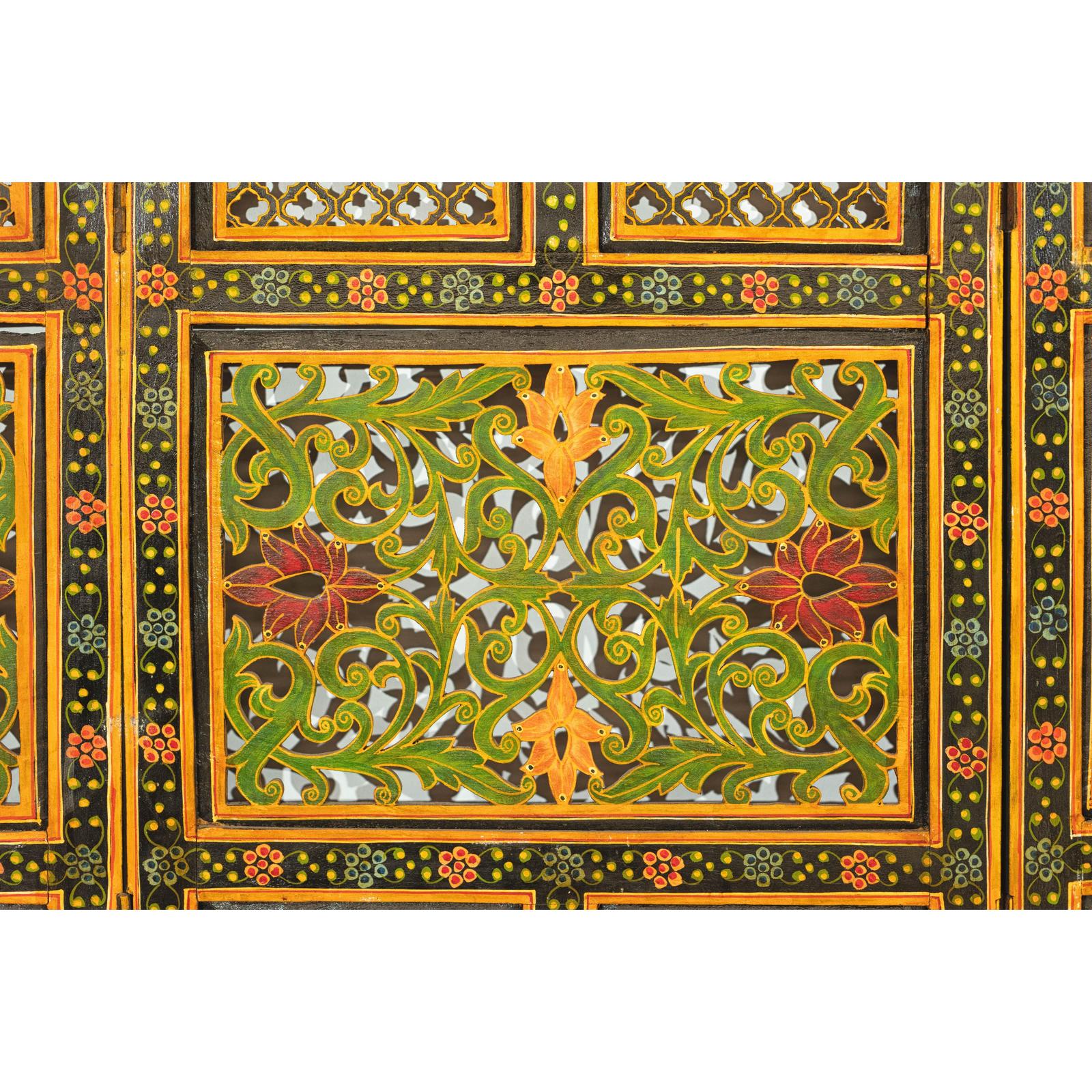 Mid-Century Fretwork Screen with Hand-Painted Details and Bold Colors