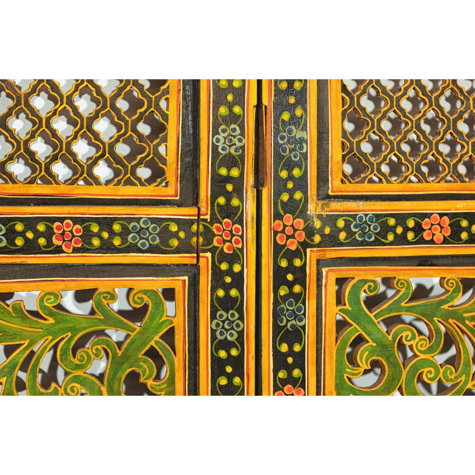 Mid-Century Fretwork Screen with Hand-Painted Details and Bold Colors