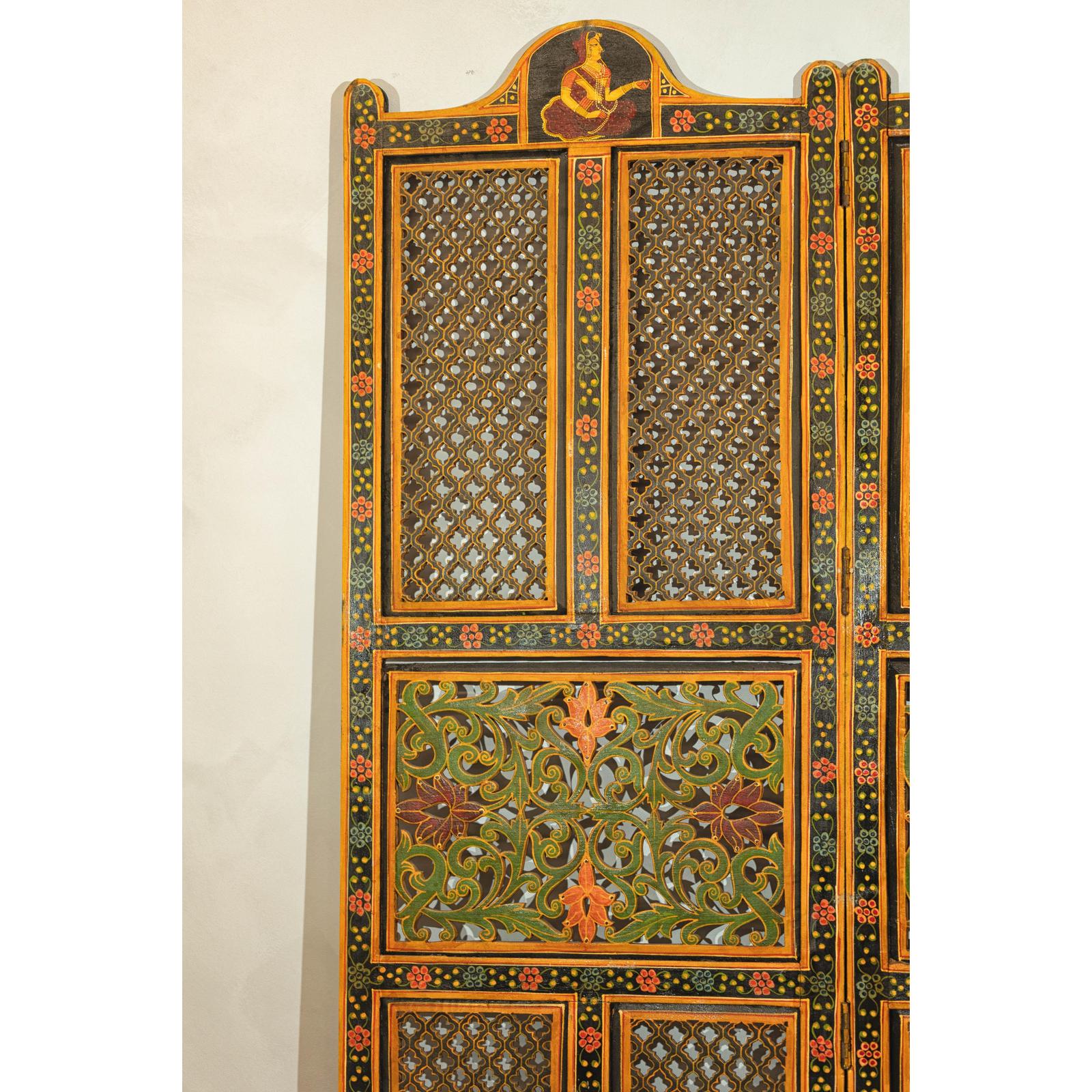 Mid-Century Fretwork Screen with Hand-Painted Details and Bold Colors