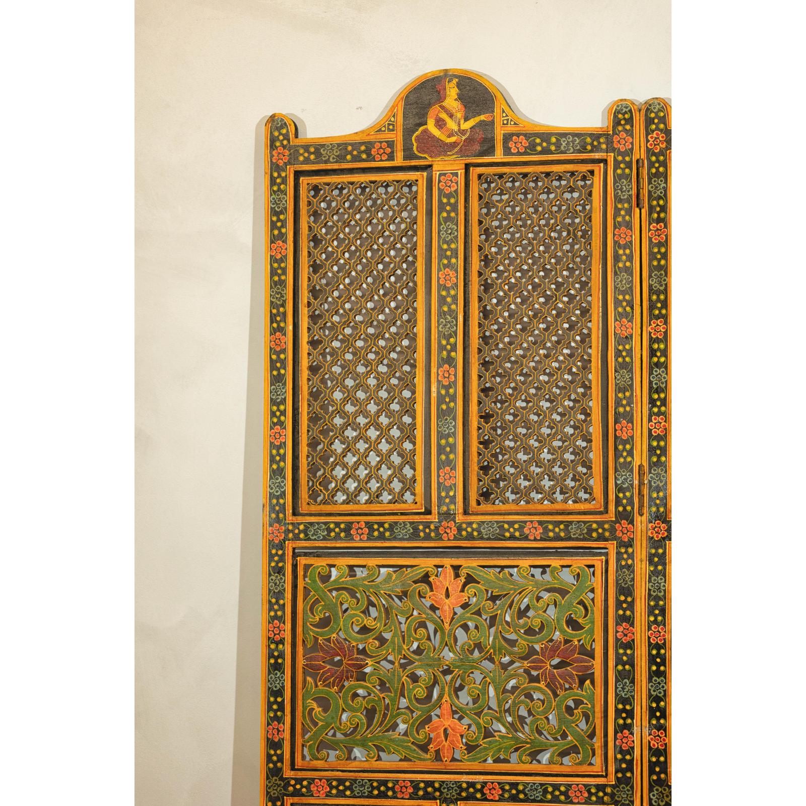 Mid-Century Fretwork Screen with Hand-Painted Details and Bold Colors