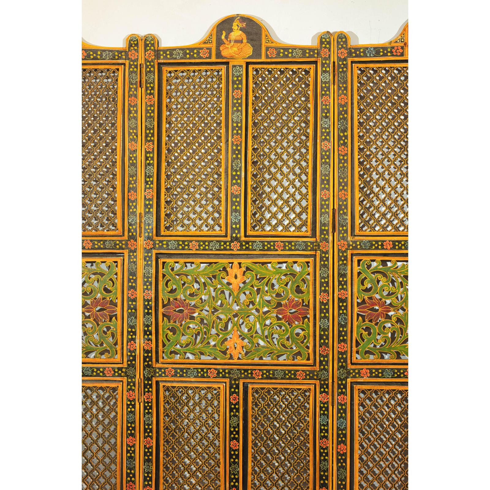 Mid-Century Fretwork Screen with Hand-Painted Details and Bold Colors