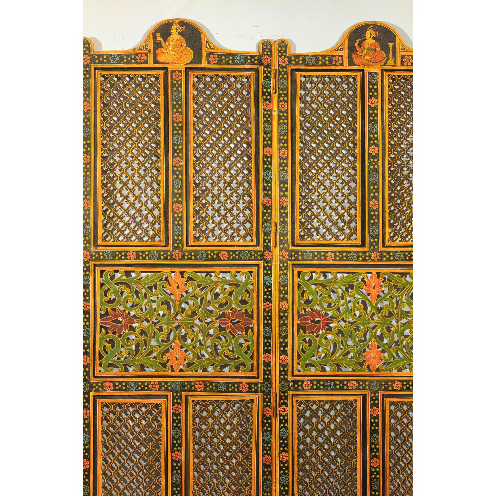 Mid-Century Fretwork Screen with Hand-Painted Details and Bold Colors