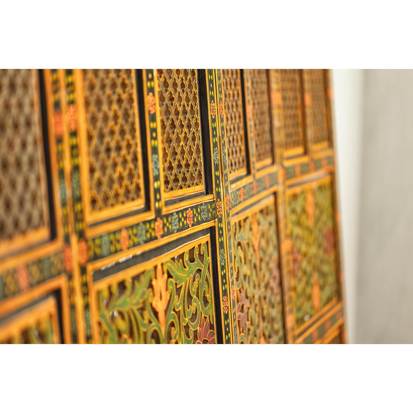 Mid-Century Fretwork Screen with Hand-Painted Details and Bold Colors