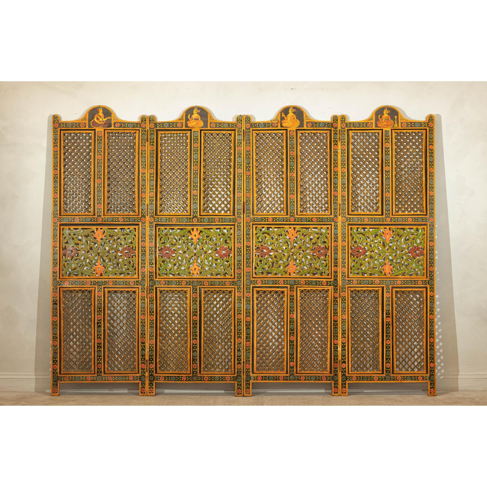 Mid-Century Fretwork Screen with Hand-Painted Details and Bold Colors