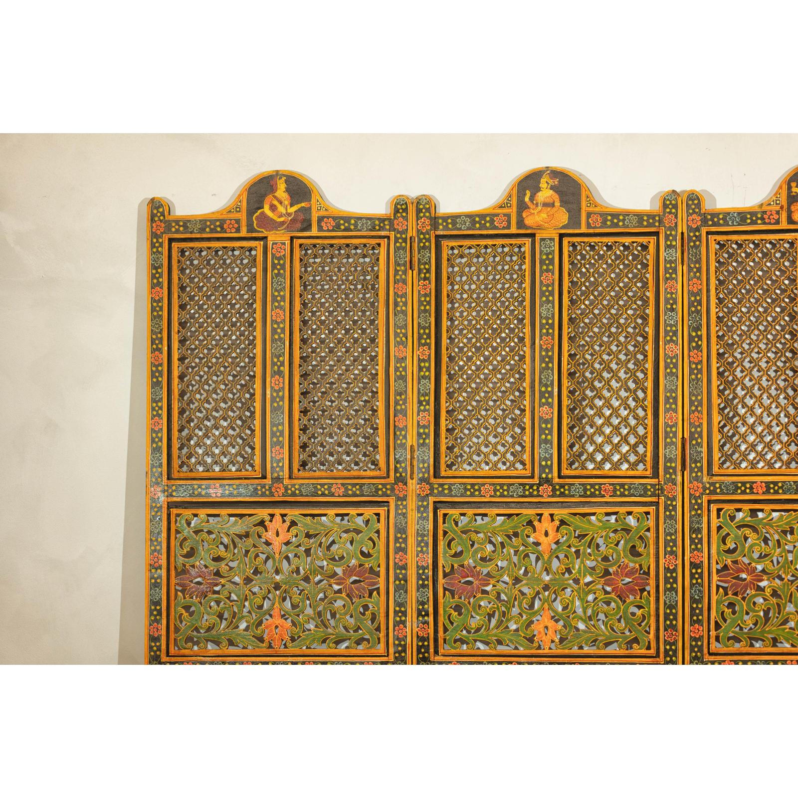 Mid-Century Fretwork Screen with Hand-Painted Details and Bold Colors