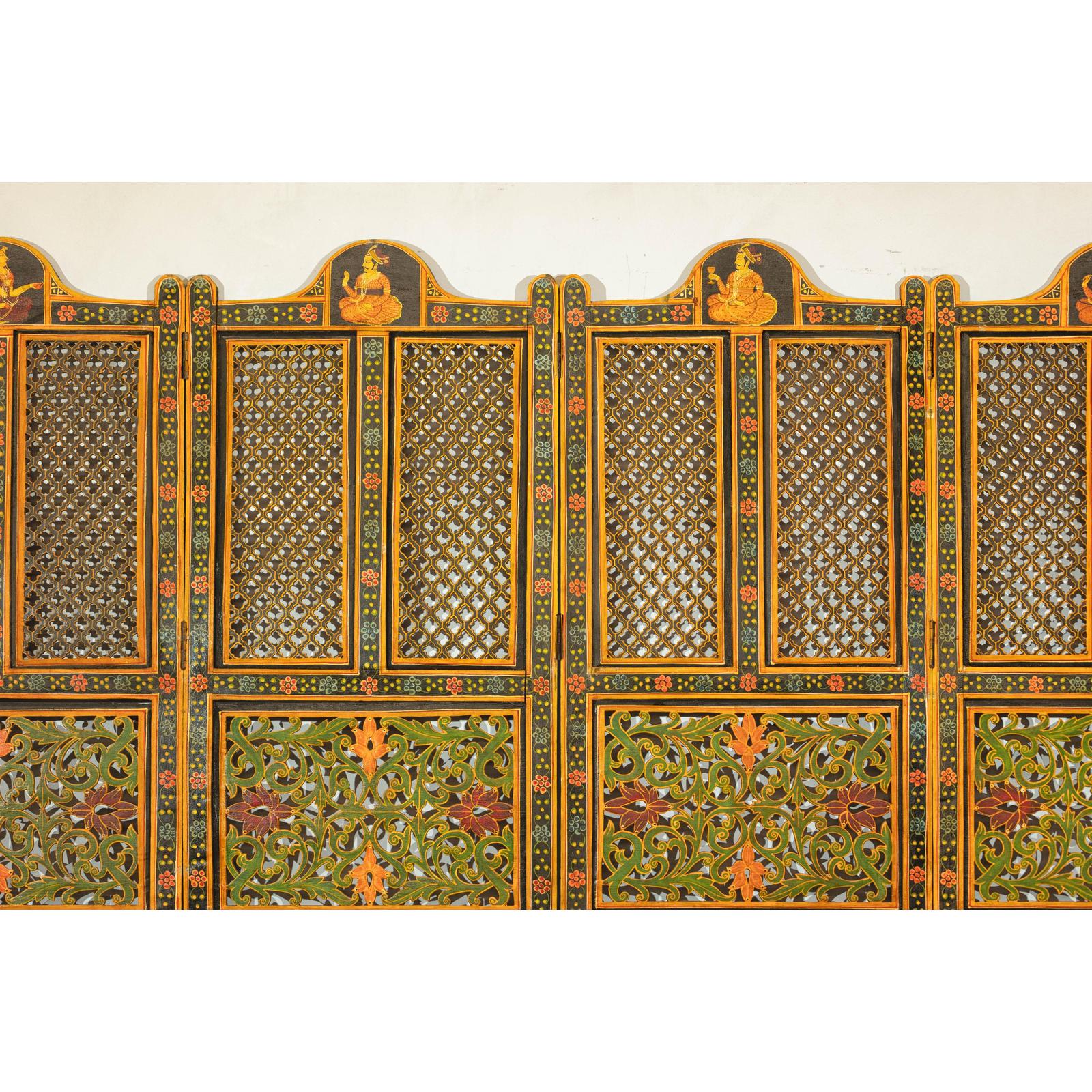 Mid-Century Fretwork Screen with Hand-Painted Details and Bold Colors