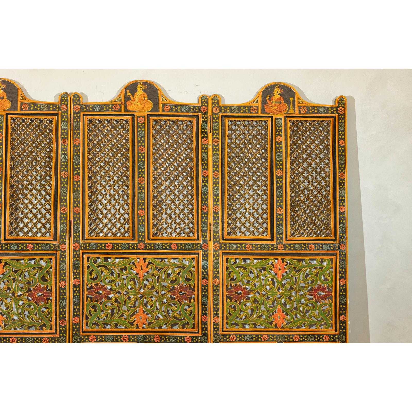 Mid-Century Fretwork Screen with Hand-Painted Details and Bold Colors