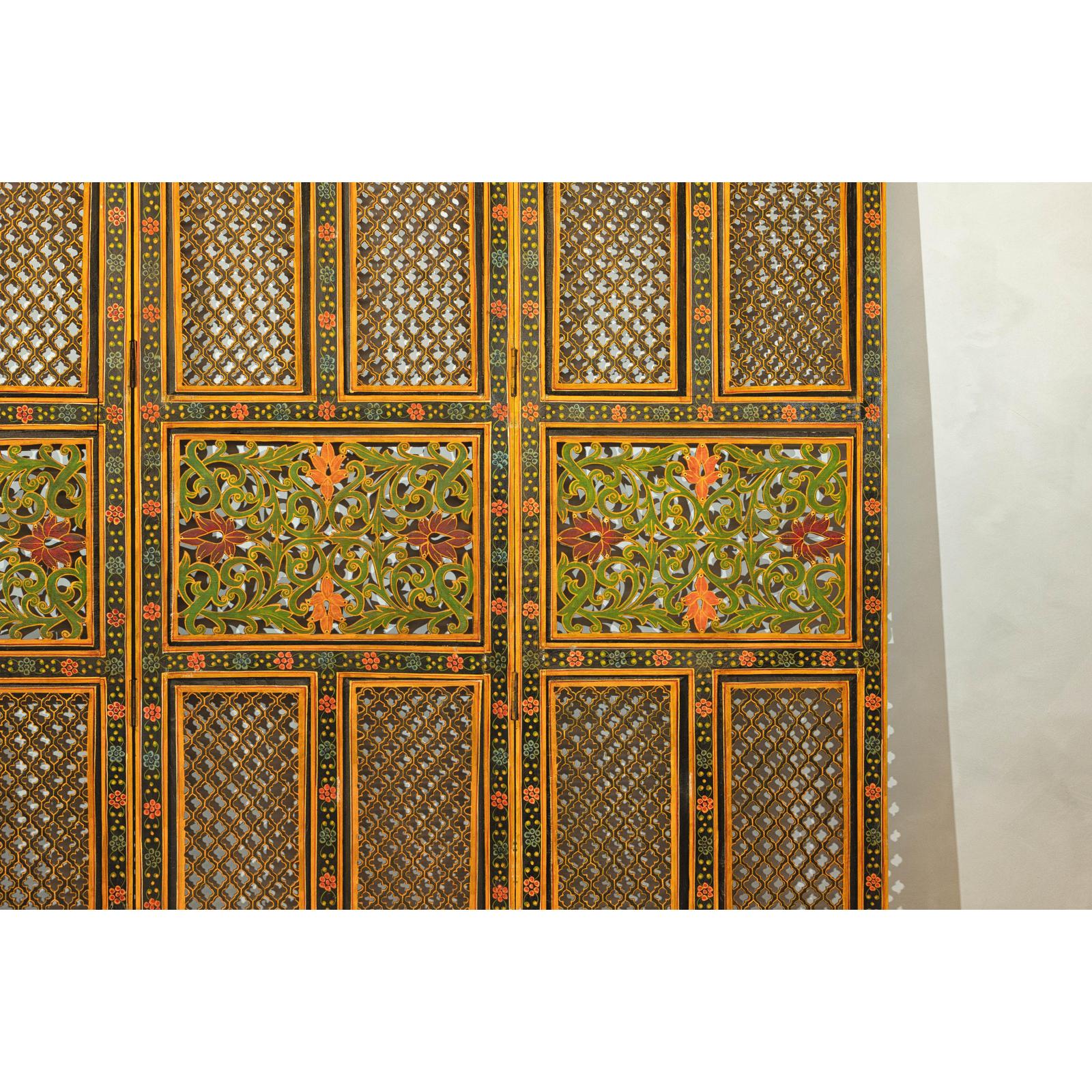 Mid-Century Fretwork Screen with Hand-Painted Details and Bold Colors