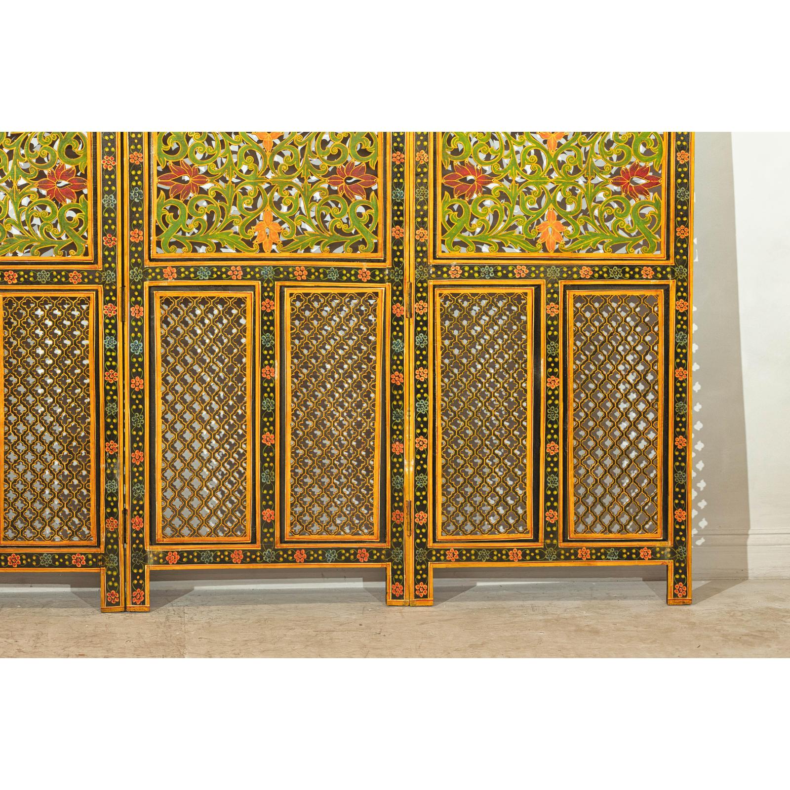 Mid-Century Fretwork Screen with Hand-Painted Details and Bold Colors