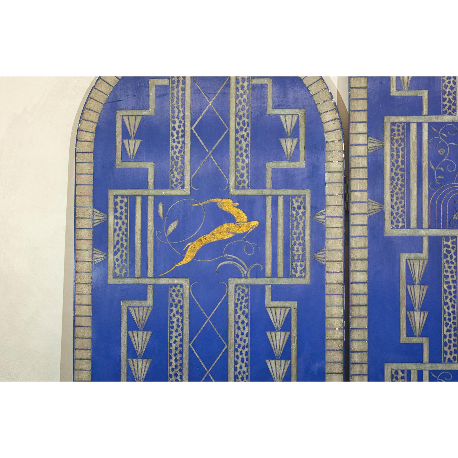 Art Deco Revival Folding Screen with Gilded Gazelles on Cobalt Blue Panels