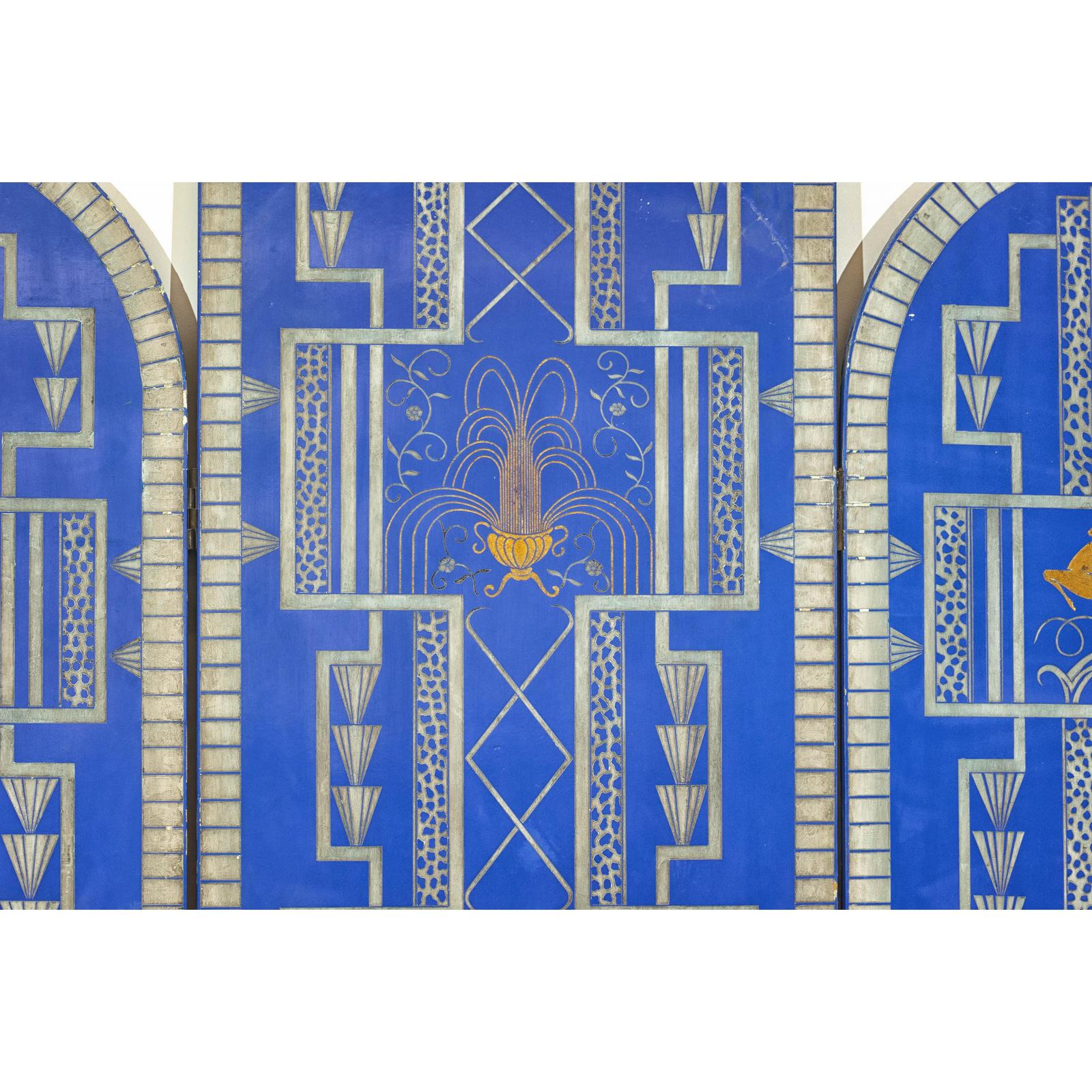 Art Deco Revival Folding Screen with Gilded Gazelles on Cobalt Blue Panels
