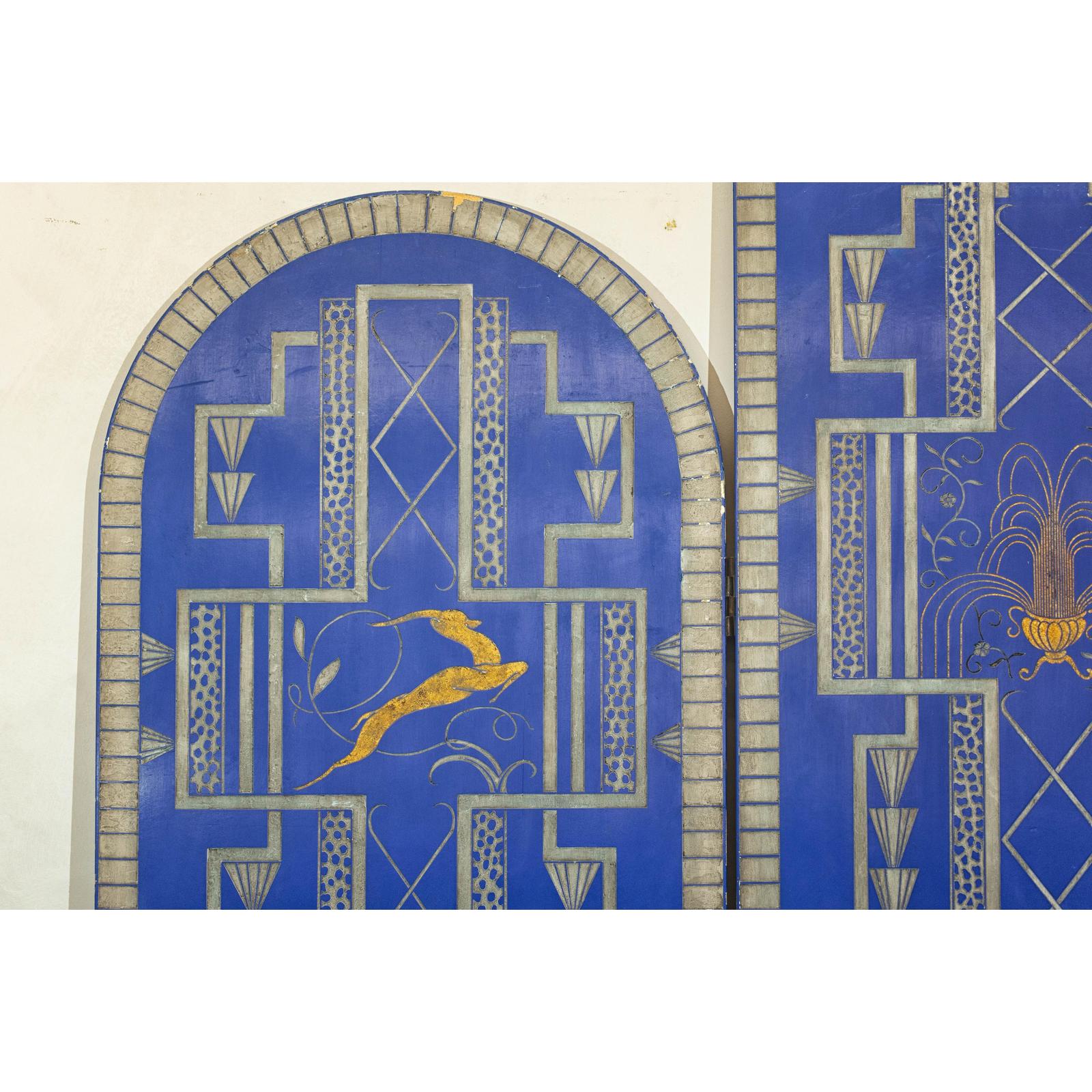 Art Deco Revival Folding Screen with Gilded Gazelles on Cobalt Blue Panels