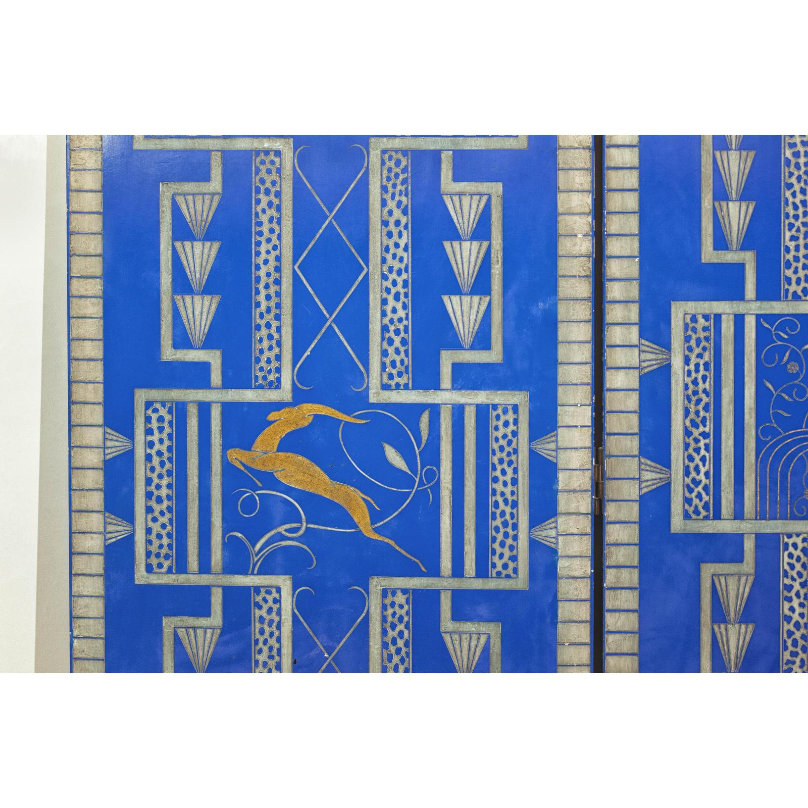 Art Deco Revival Folding Screen with Gilded Gazelles on Cobalt Blue Panels