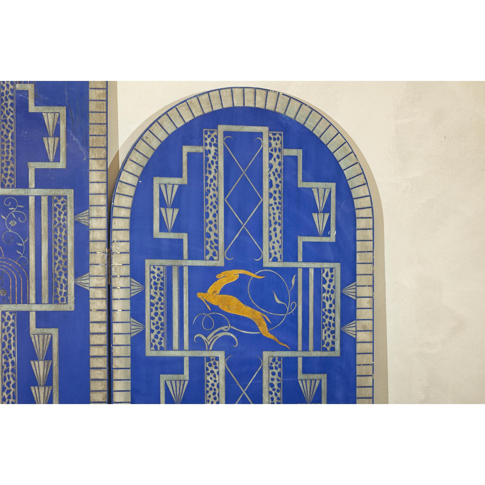 Art Deco Revival Folding Screen with Gilded Gazelles on Cobalt Blue Panels