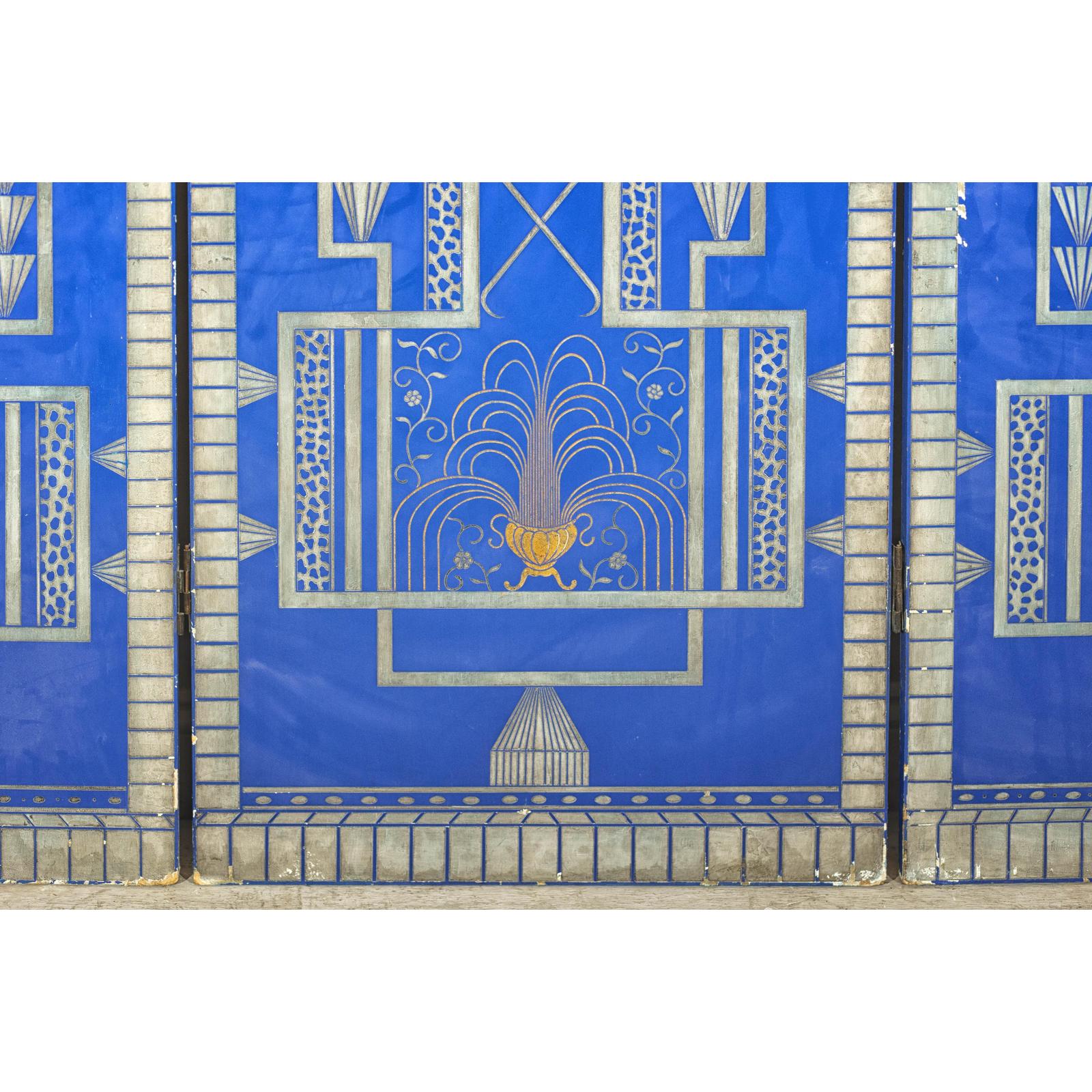 Art Deco Revival Folding Screen with Gilded Gazelles on Cobalt Blue Panels