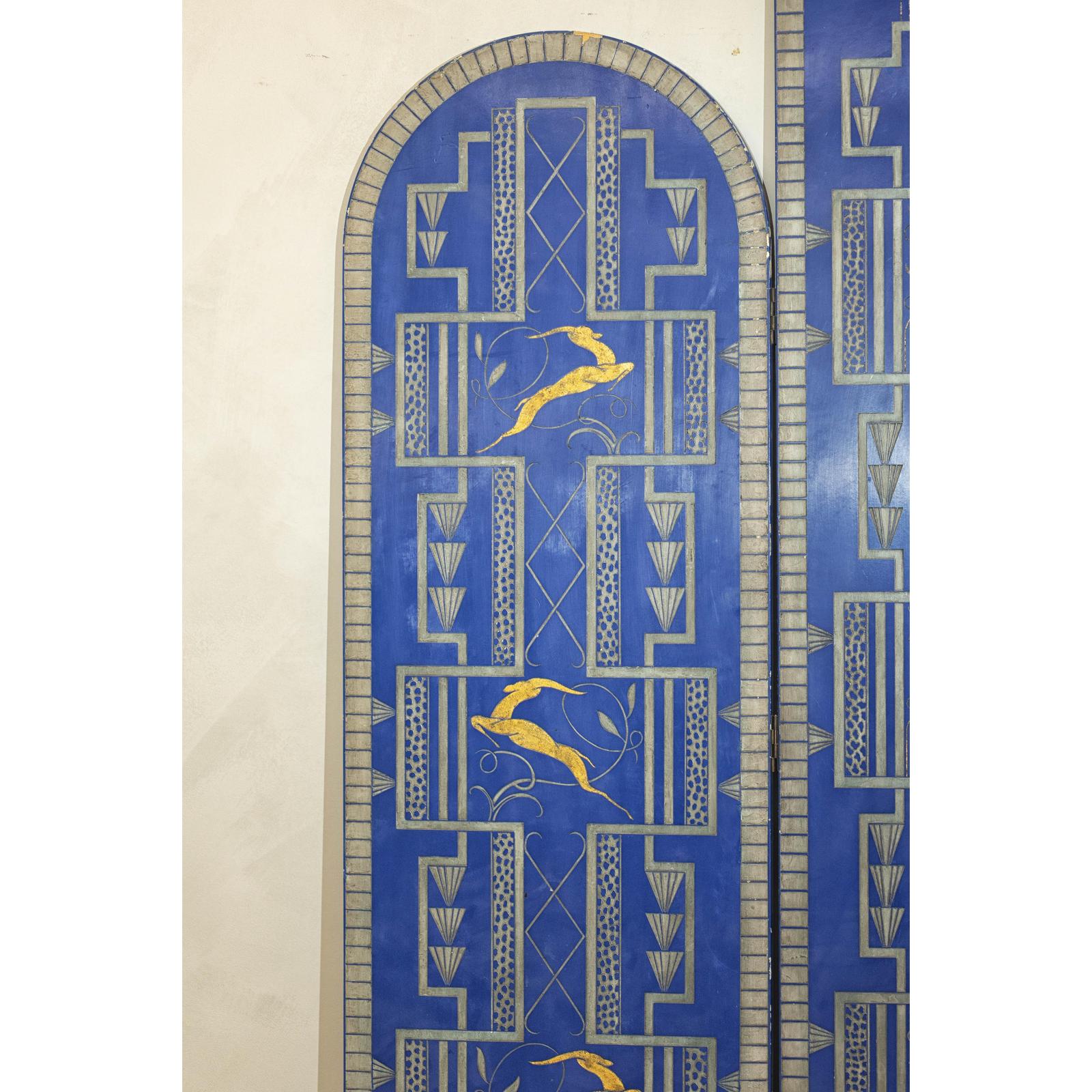 Art Deco Revival Folding Screen with Gilded Gazelles on Cobalt Blue Panels