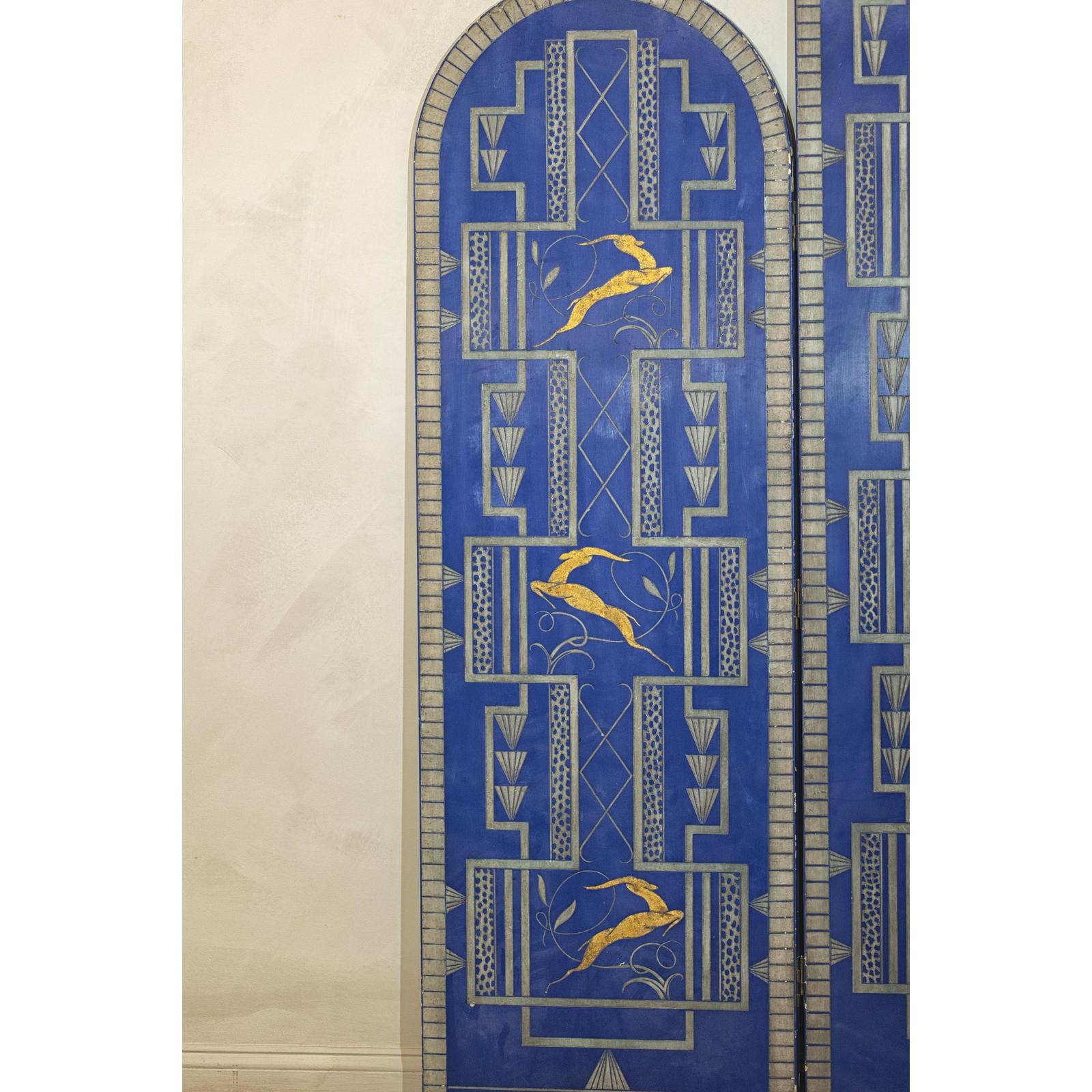 Art Deco Revival Folding Screen with Gilded Gazelles on Cobalt Blue Panels