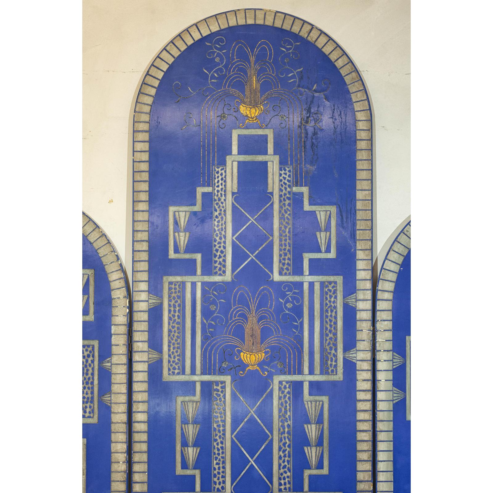 Art Deco Revival Folding Screen with Gilded Gazelles on Cobalt Blue Panels