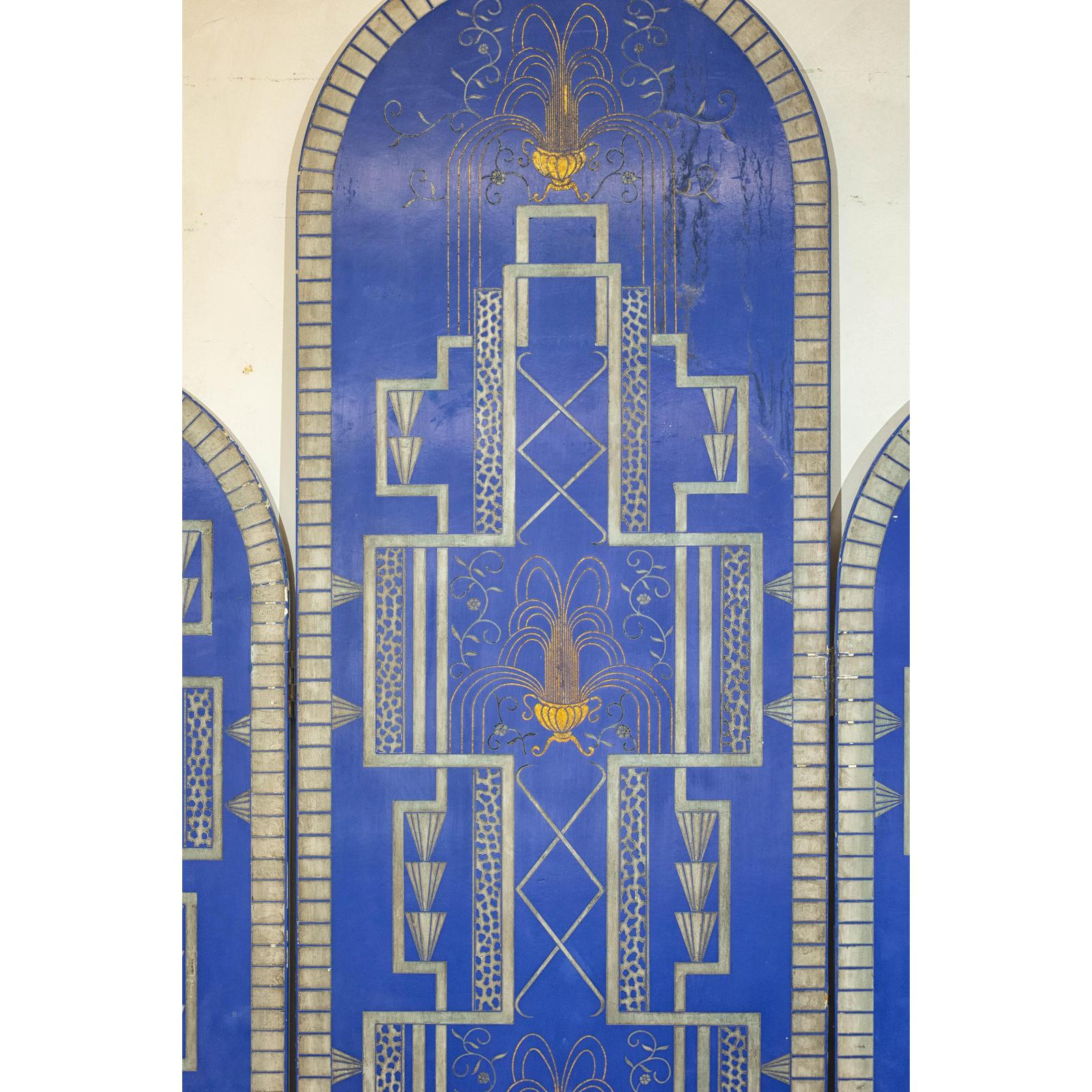 Art Deco Revival Folding Screen with Gilded Gazelles on Cobalt Blue Panels