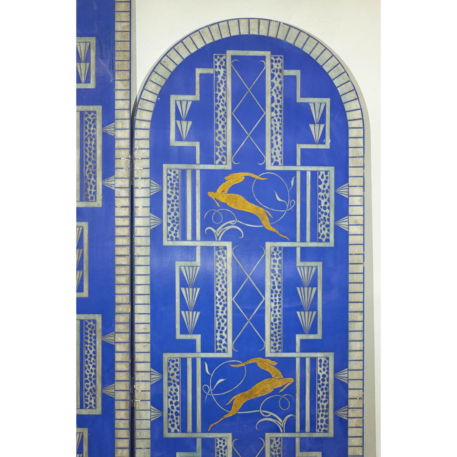 Art Deco Revival Folding Screen with Gilded Gazelles on Cobalt Blue Panels