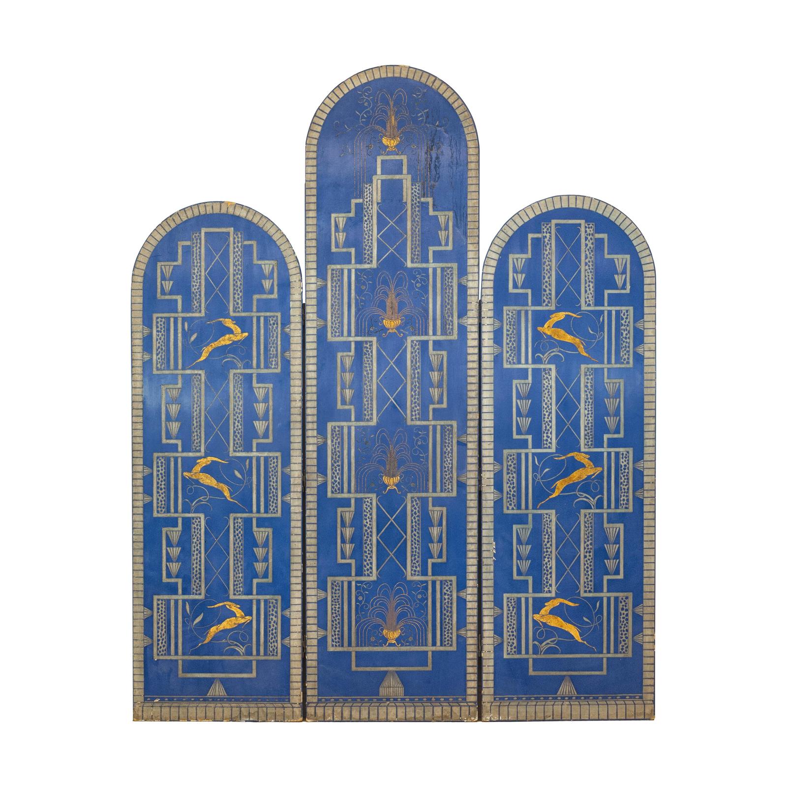 Art Deco Revival Folding Screen with Gilded Gazelles on Cobalt Blue Panels