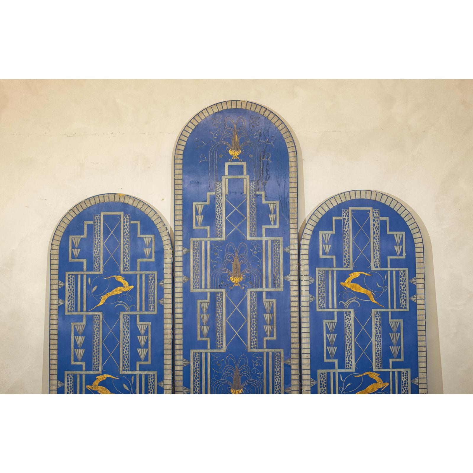 Art Deco Revival Folding Screen with Gilded Gazelles on Cobalt Blue Panels