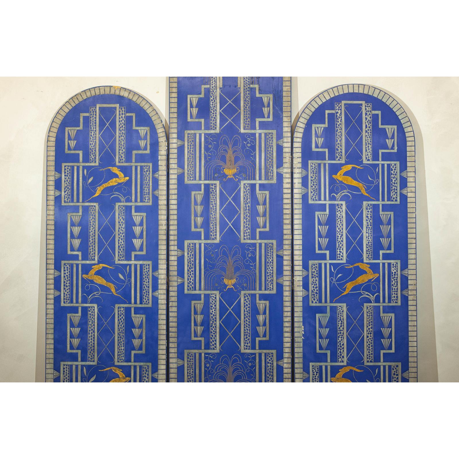 Art Deco Revival Folding Screen with Gilded Gazelles on Cobalt Blue Panels