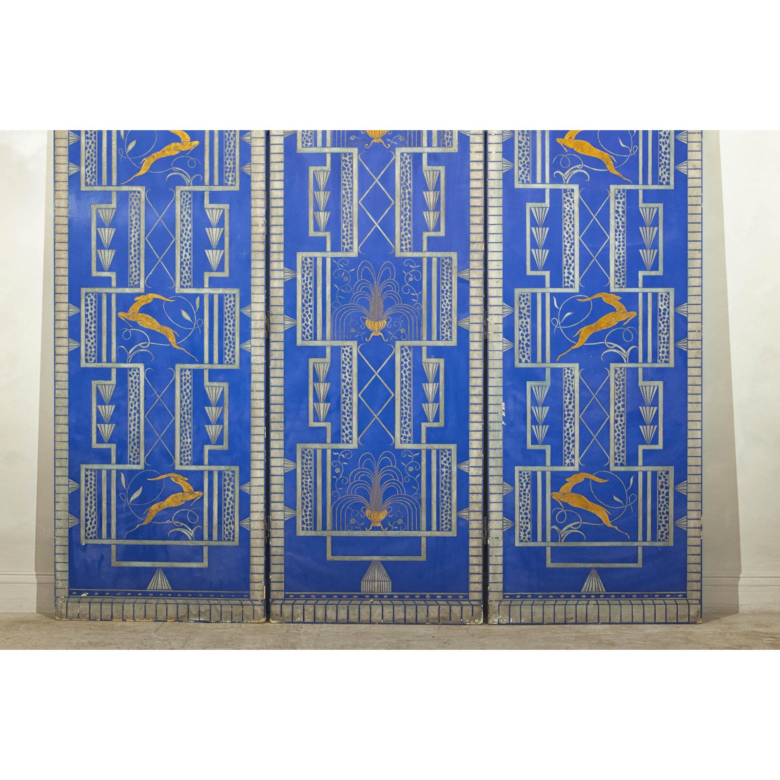 Art Deco Revival Folding Screen with Gilded Gazelles on Cobalt Blue Panels
