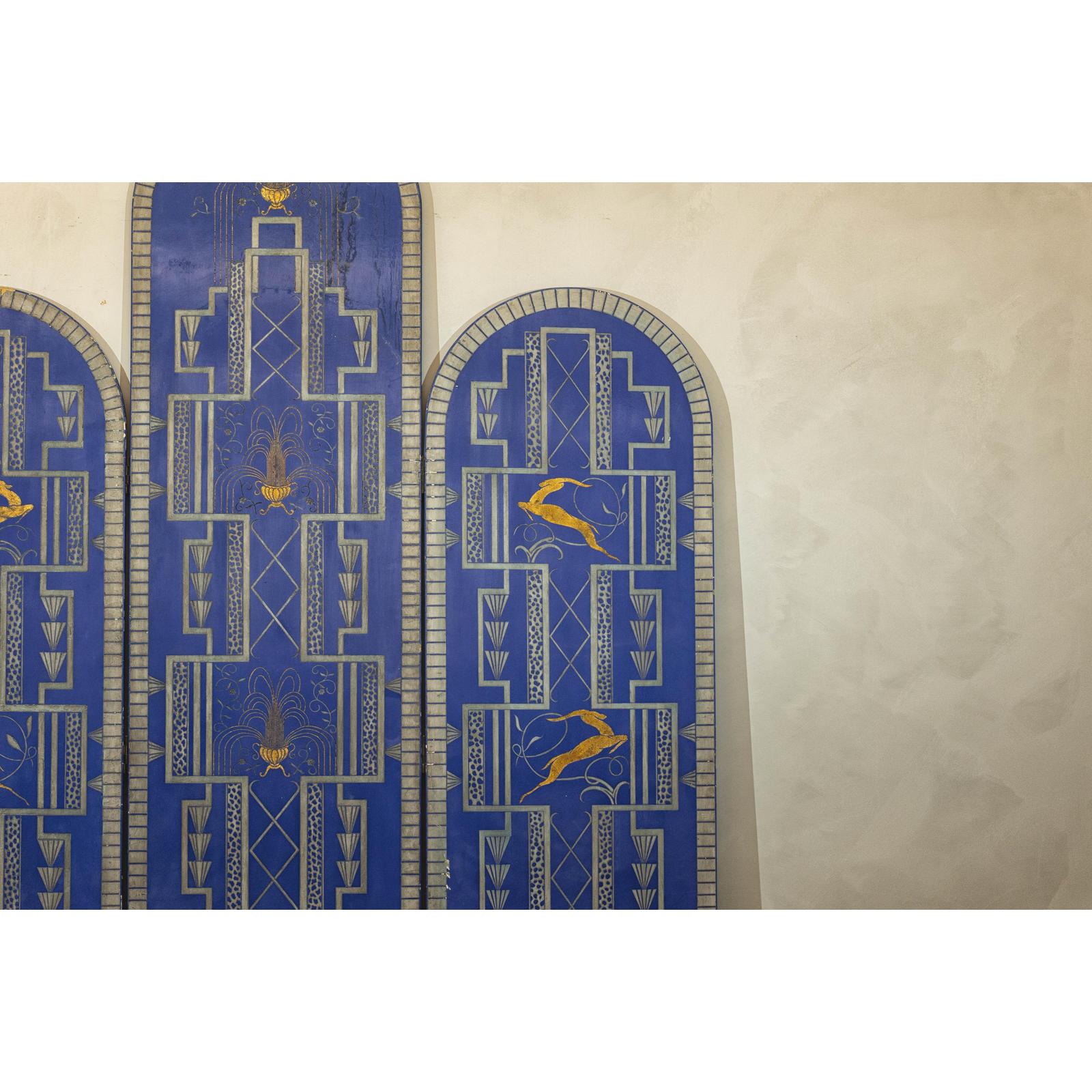 Art Deco Revival Folding Screen with Gilded Gazelles on Cobalt Blue Panels