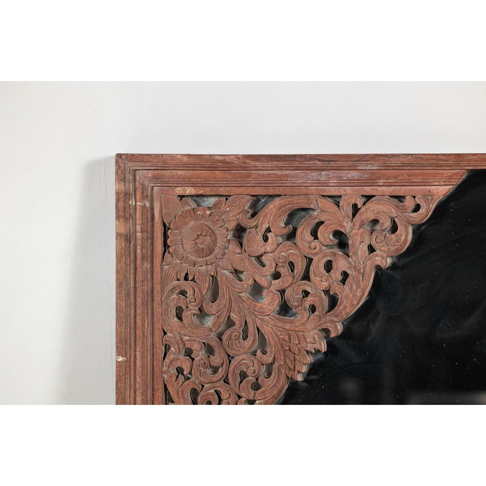 Antique Carved Hardwood Mirror with Floral Scrollwork, Early 20th Century