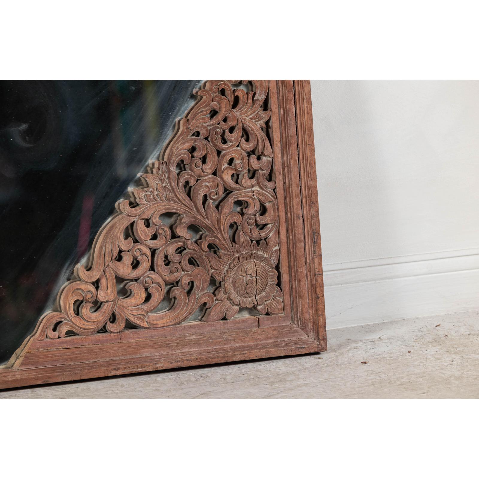 Antique Carved Hardwood Mirror with Floral Scrollwork, Early 20th Century