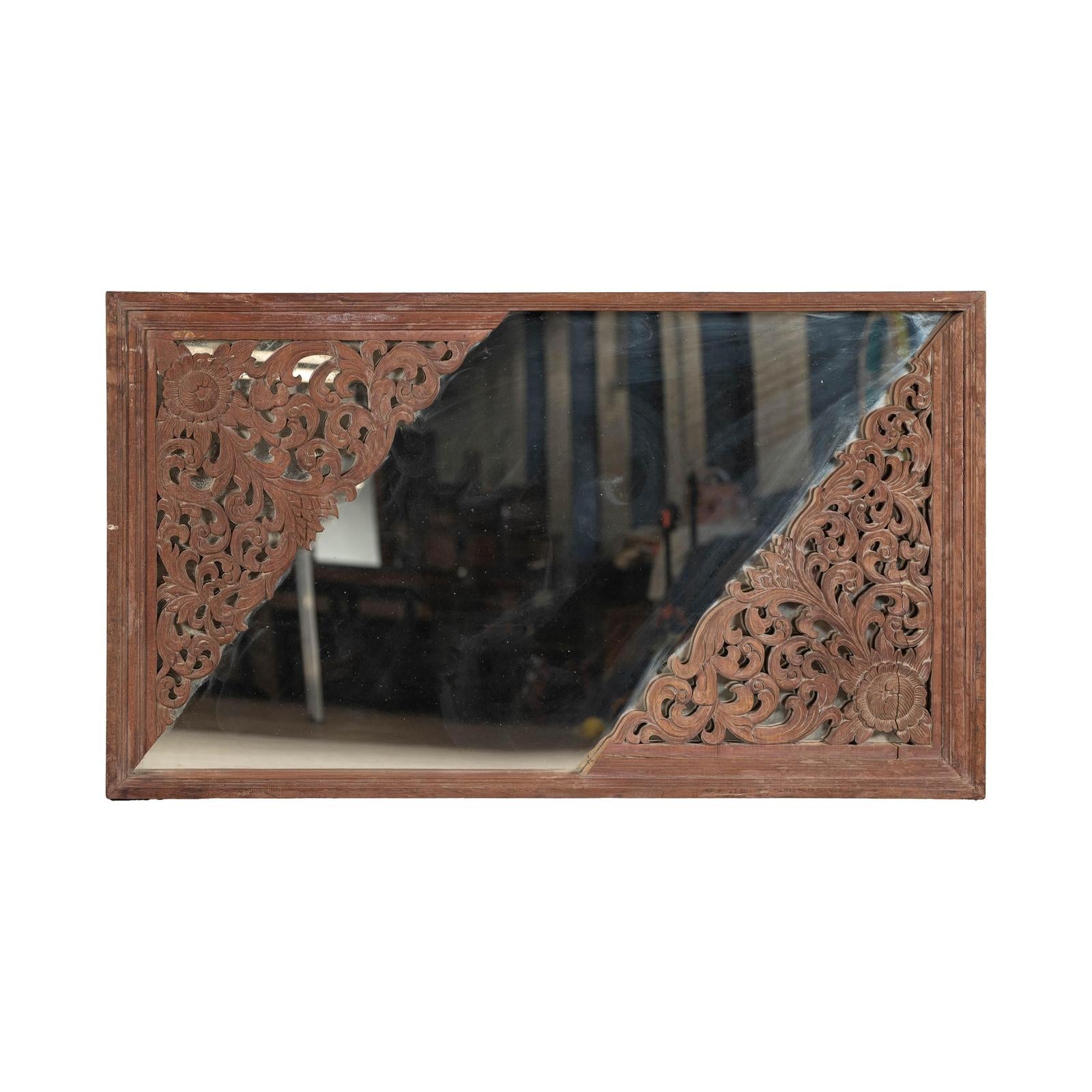 Antique Carved Hardwood Mirror with Floral Scrollwork, Early 20th Century
