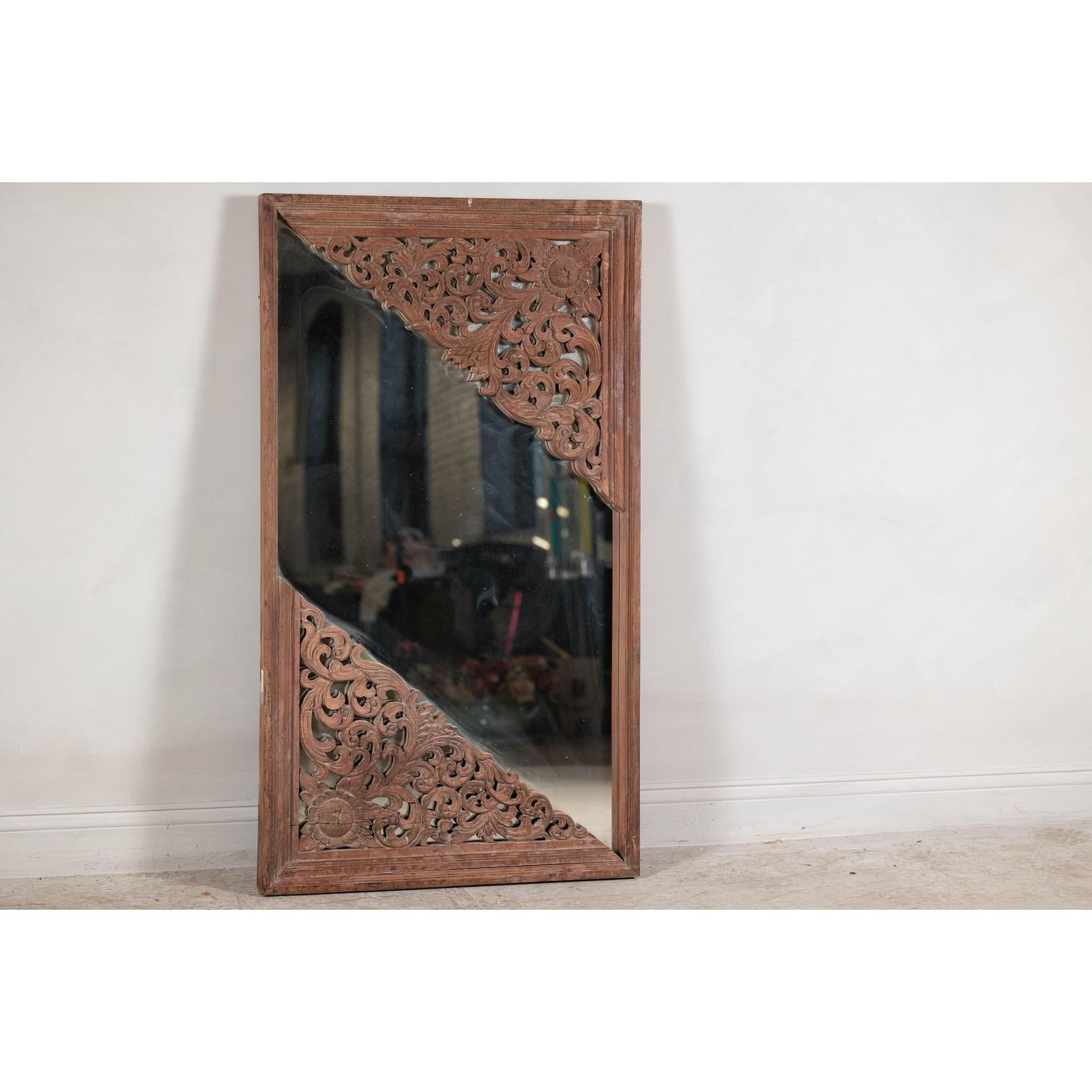 Antique Carved Hardwood Mirror with Floral Scrollwork, Early 20th Century