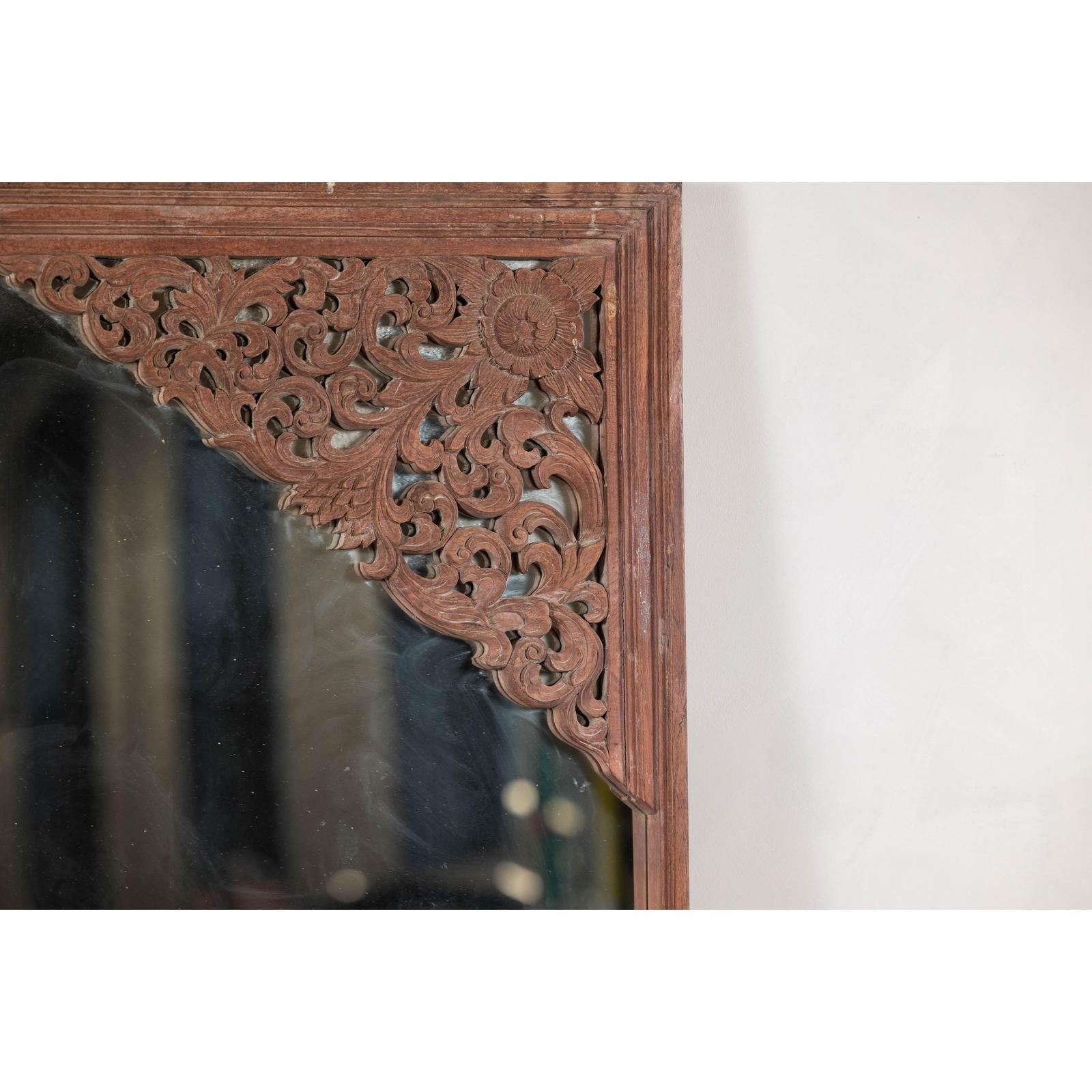 Antique Carved Hardwood Mirror with Floral Scrollwork, Early 20th Century