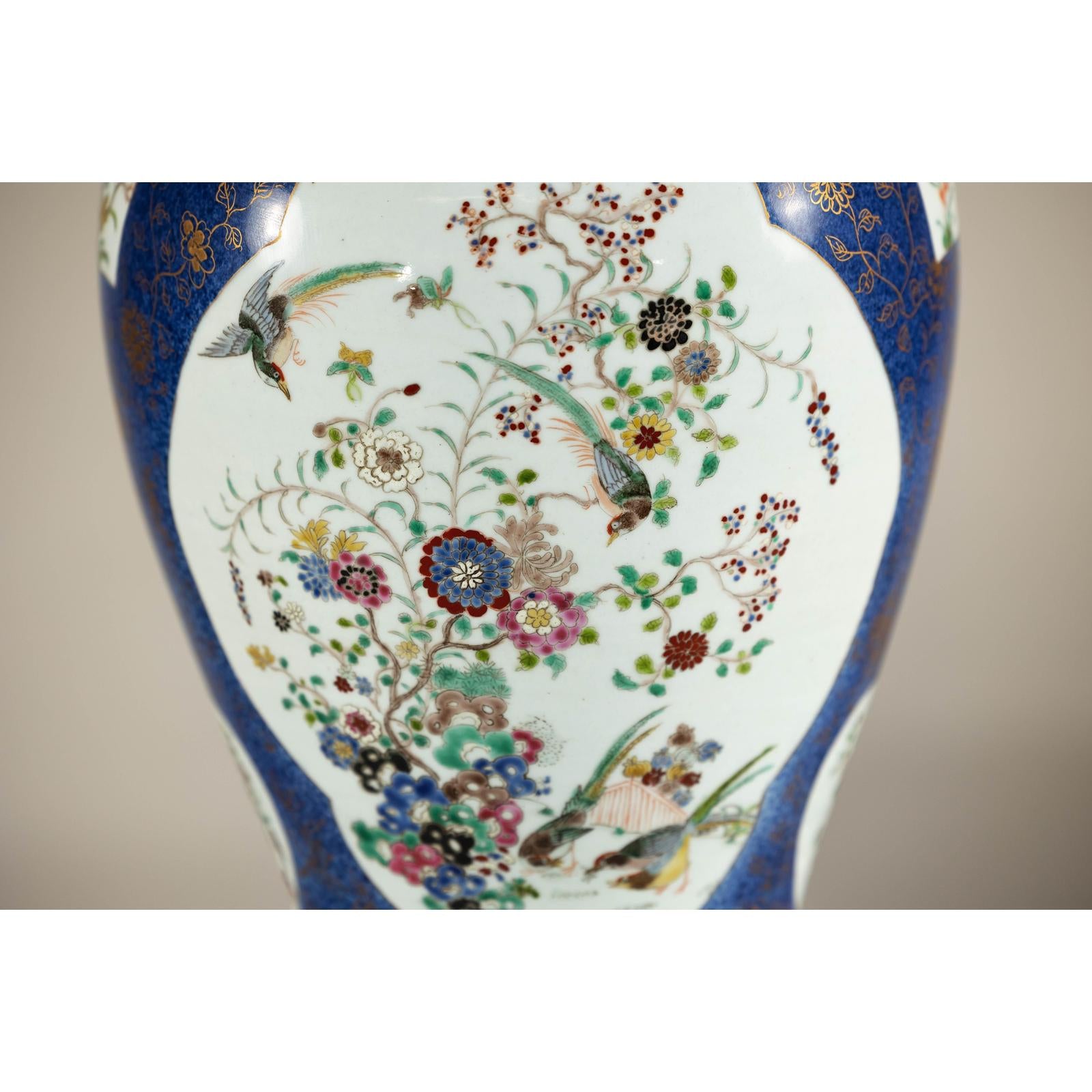 Vintage Hand-Painted Cobalt Blue Ginger Jar with Floral and Bird Motifs