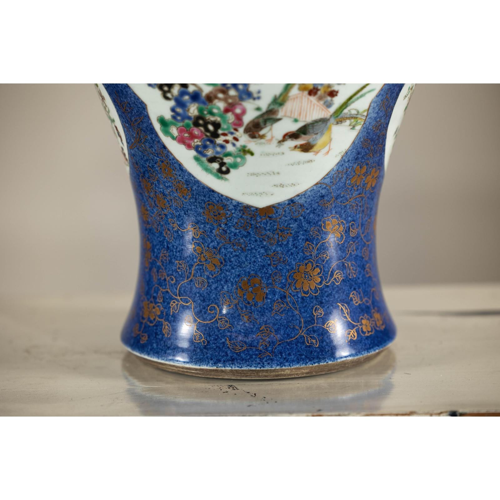 Vintage Hand-Painted Cobalt Blue Ginger Jar with Floral and Bird Motifs