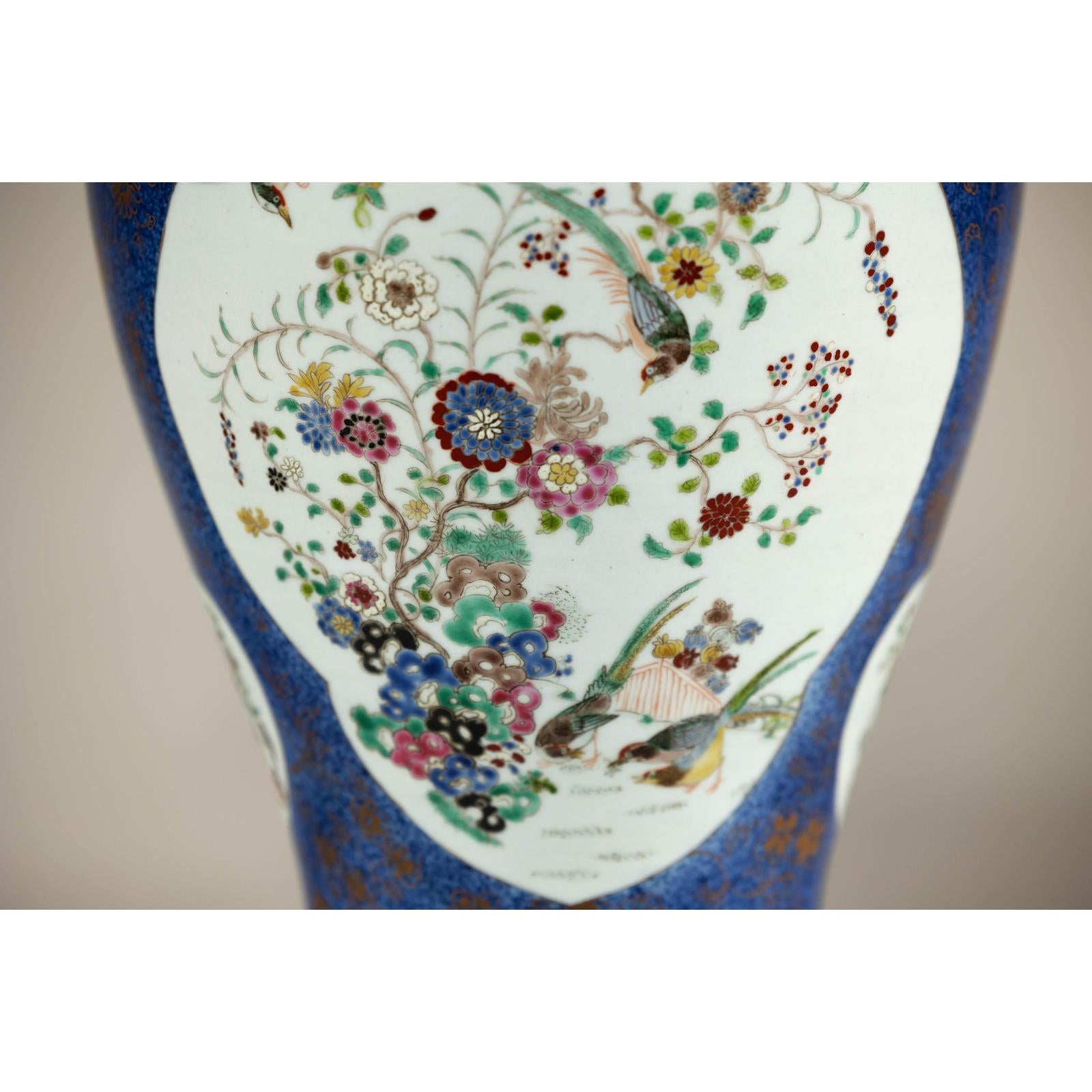Vintage Hand-Painted Cobalt Blue Ginger Jar with Floral and Bird Motifs