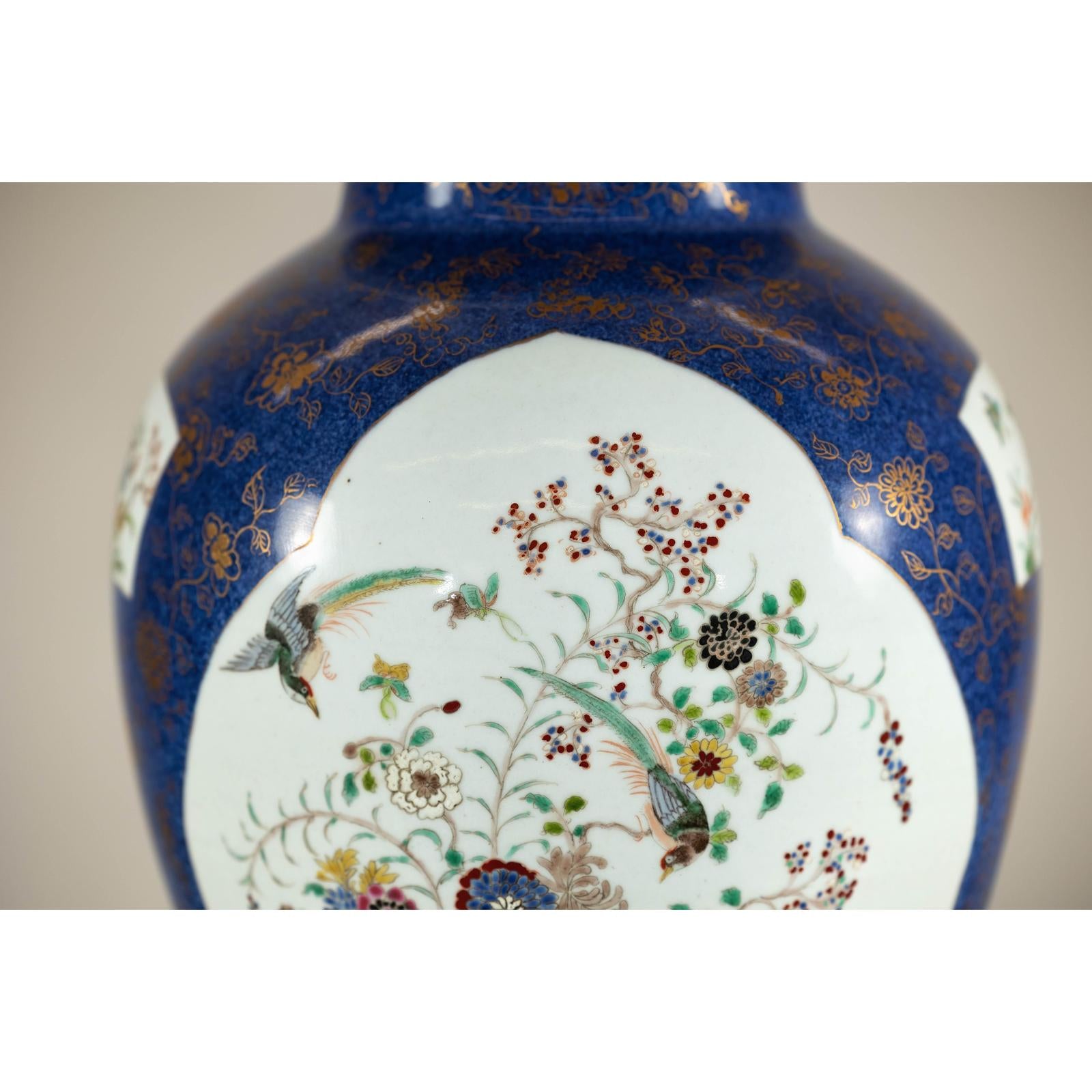 Vintage Hand-Painted Cobalt Blue Ginger Jar with Floral and Bird Motifs