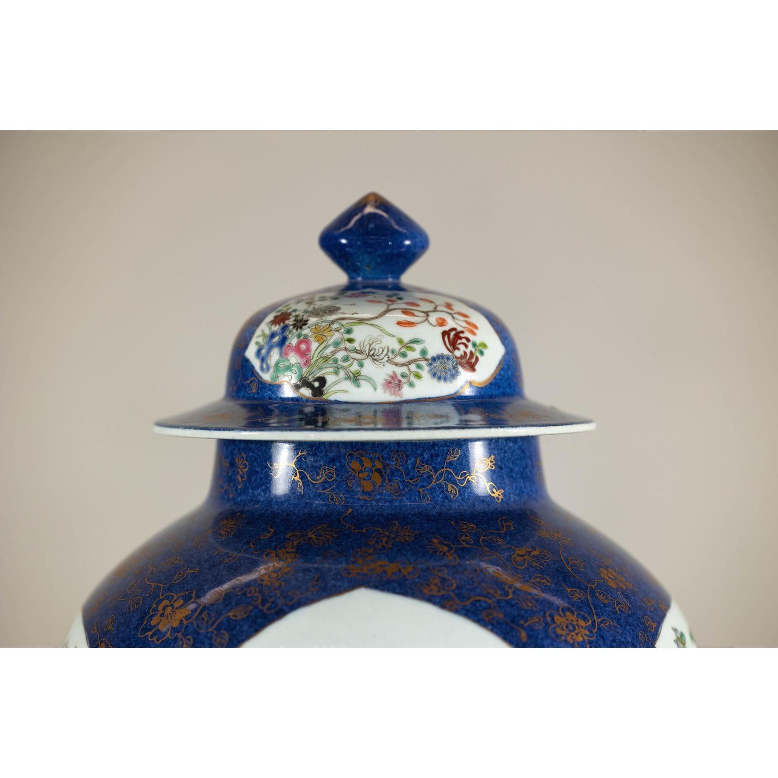 Vintage Hand-Painted Cobalt Blue Ginger Jar with Floral and Bird Motifs