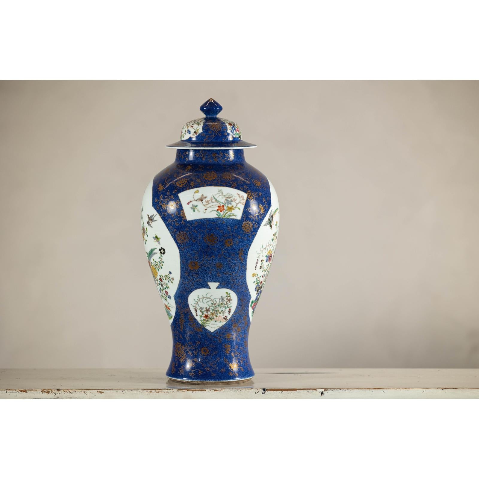 Vintage Hand-Painted Cobalt Blue Ginger Jar with Floral and Bird Motifs