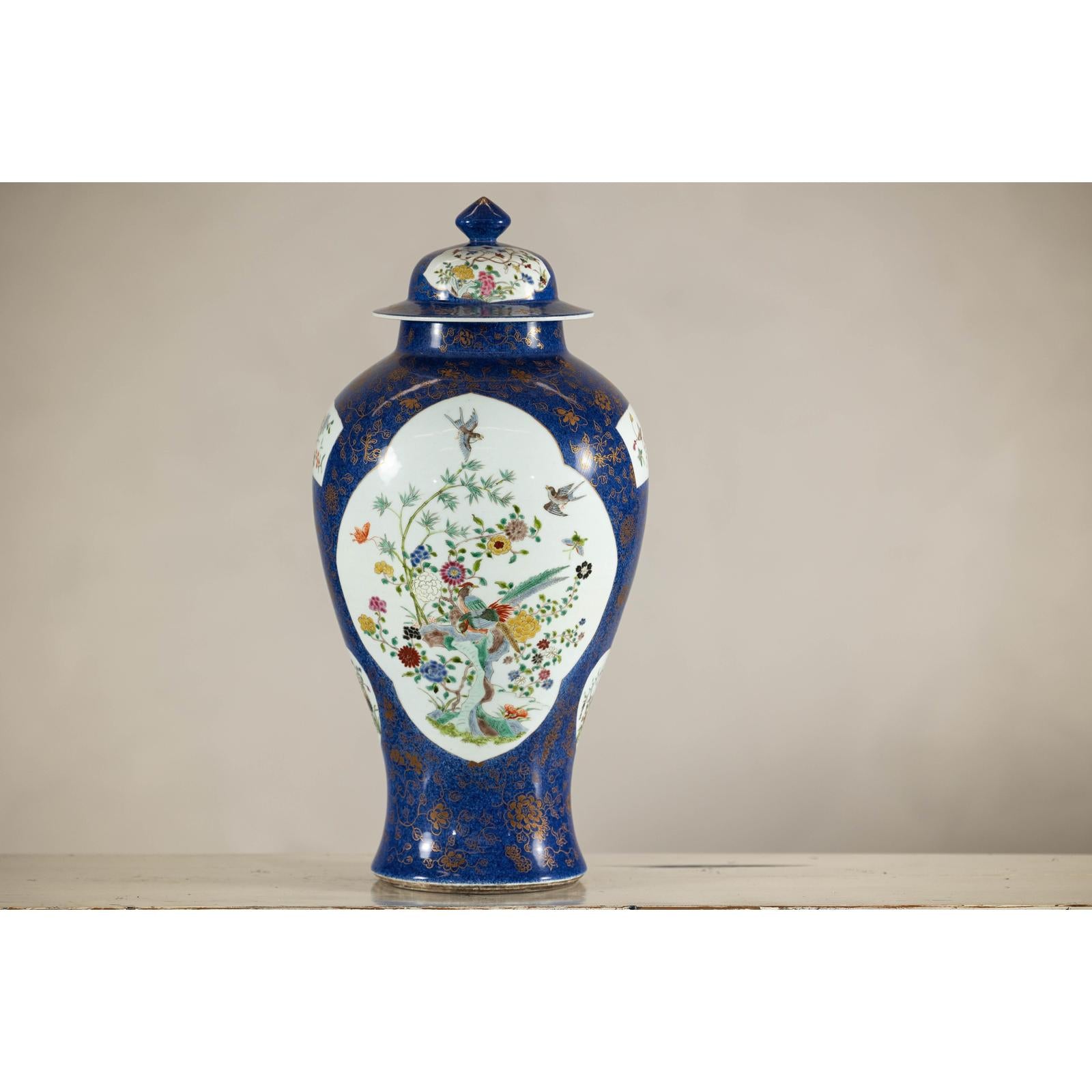 Vintage Hand-Painted Cobalt Blue Ginger Jar with Floral and Bird Motifs