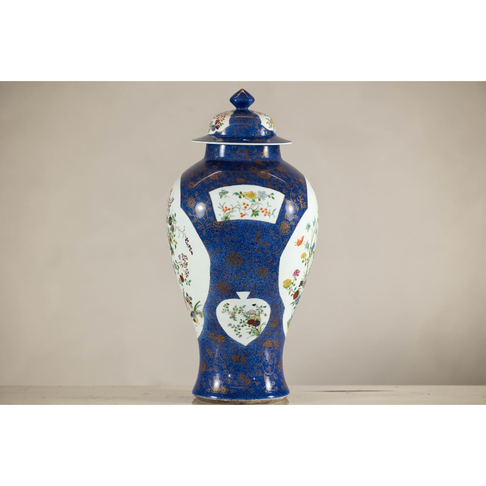 Vintage Hand-Painted Cobalt Blue Ginger Jar with Floral and Bird Motifs
