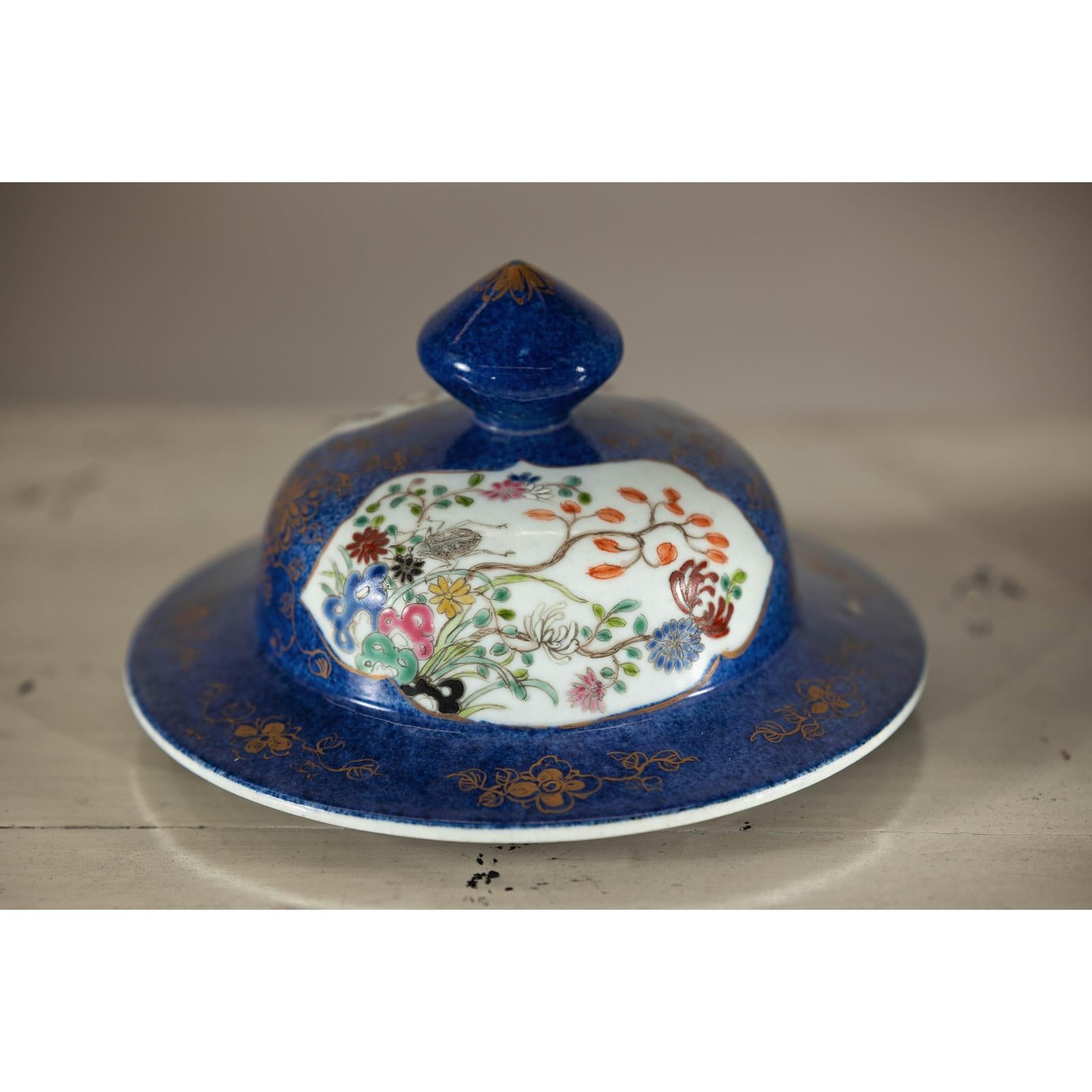 Vintage Hand-Painted Cobalt Blue Ginger Jar with Floral and Bird Motifs