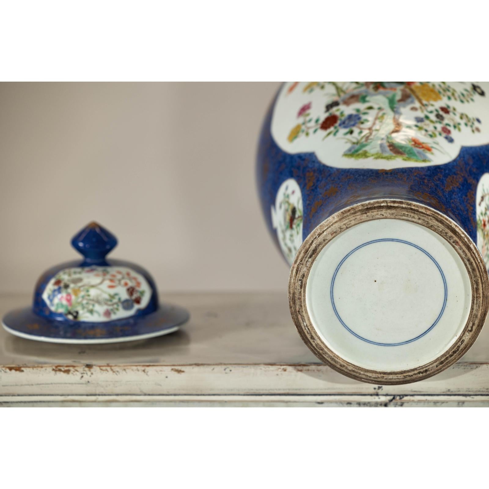 Vintage Hand-Painted Cobalt Blue Ginger Jar with Floral and Bird Motifs