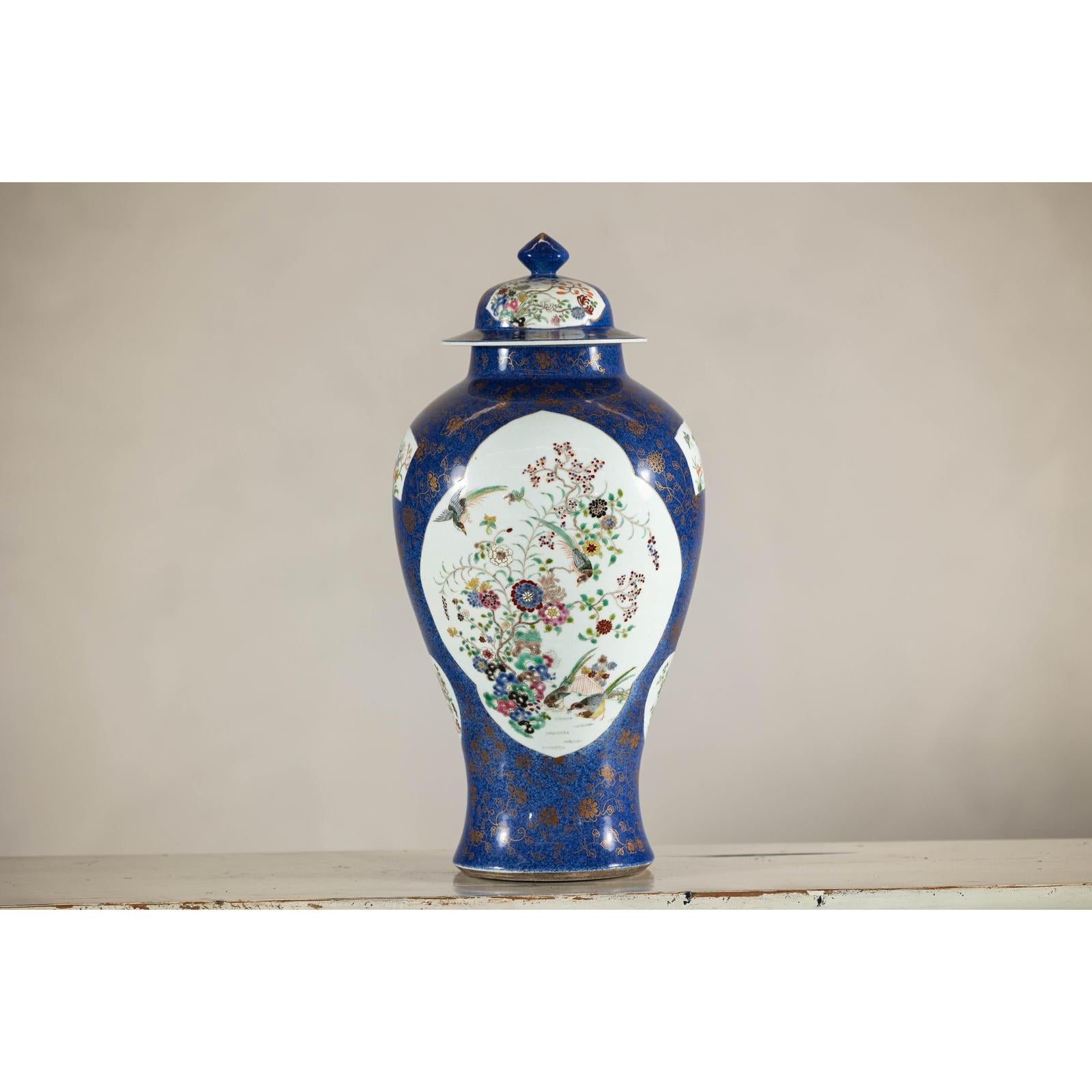Vintage Hand-Painted Cobalt Blue Ginger Jar with Floral and Bird Motifs