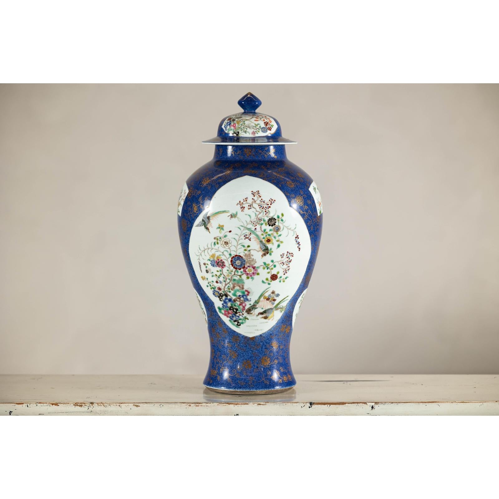 Vintage Hand-Painted Cobalt Blue Ginger Jar with Floral and Bird Motifs