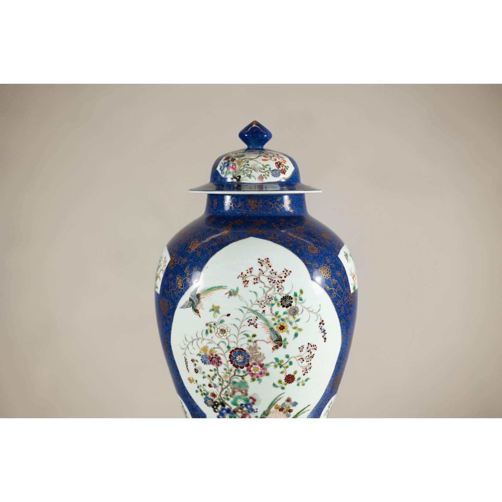 Vintage Hand-Painted Cobalt Blue Ginger Jar with Floral and Bird Motifs