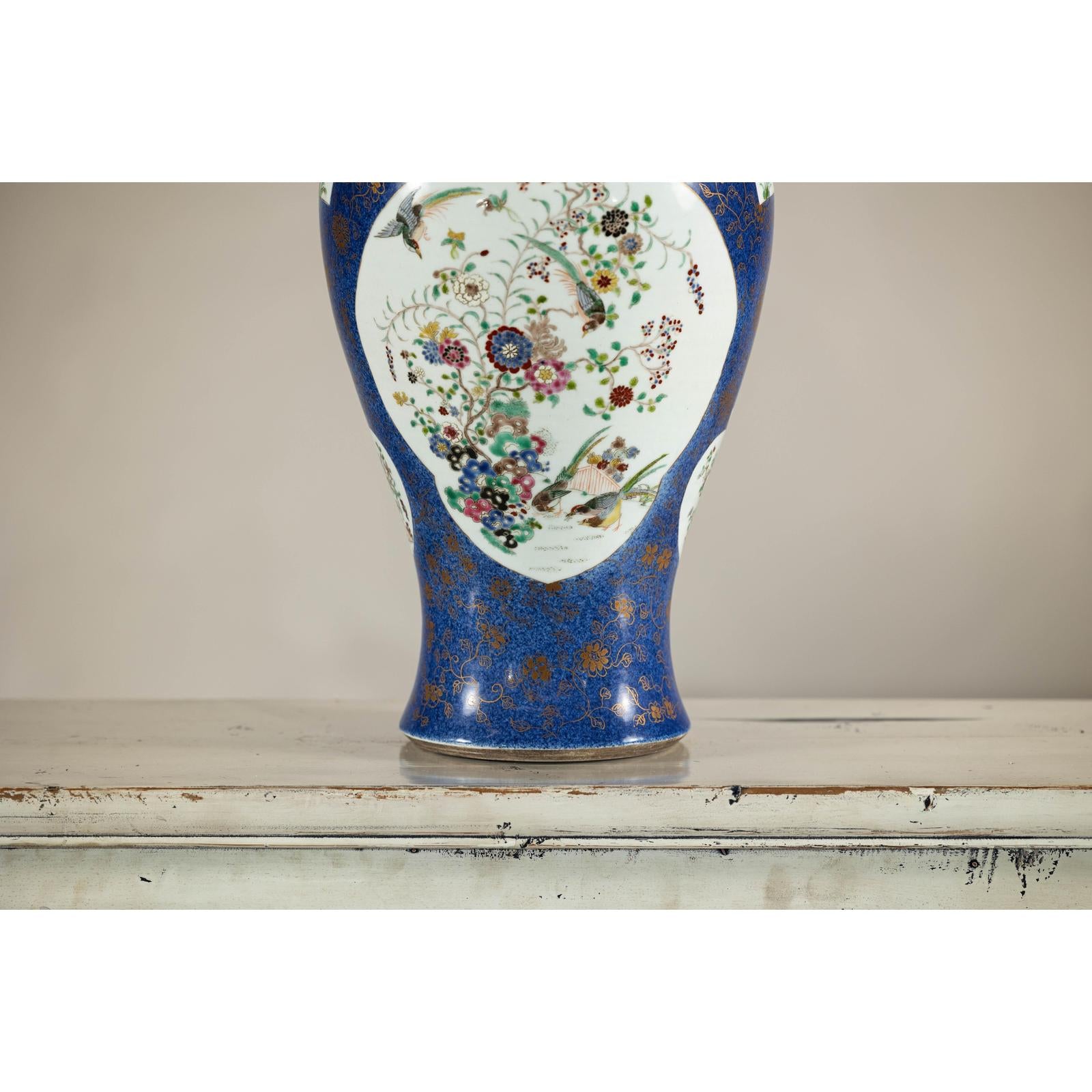 Vintage Hand-Painted Cobalt Blue Ginger Jar with Floral and Bird Motifs