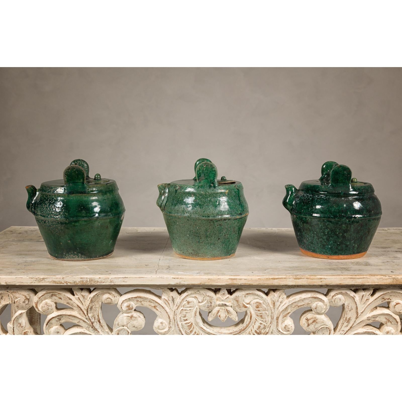 Qing Dynasty Green Glaze Late 19th Century Shiwan Ware Pottery Teapots Sold Each